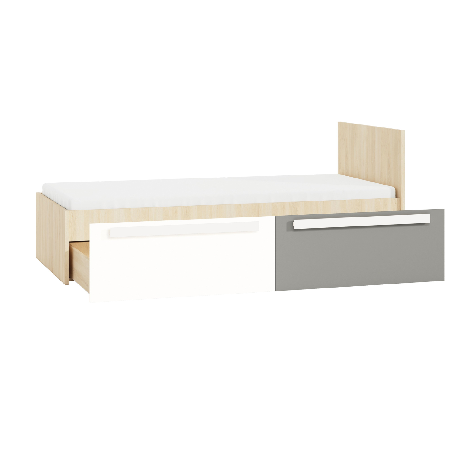 Lit contemporain Hêtre Fjord + Blanc, cadre solide avec bordure ABS et finition résistante