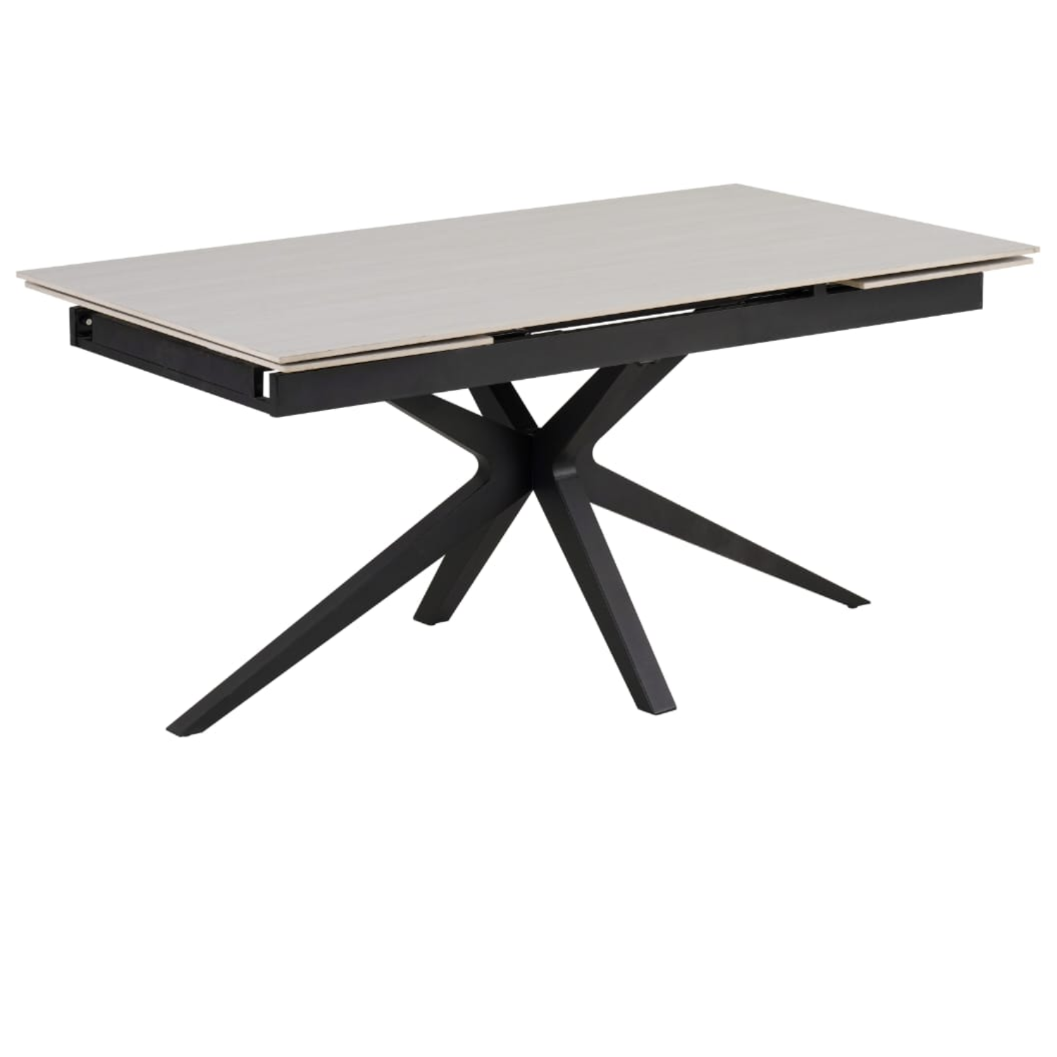 Table à manger extensible – Plateau céramique travertin mat ou blanc – Pied métal noir – 160/240x90x76 cm