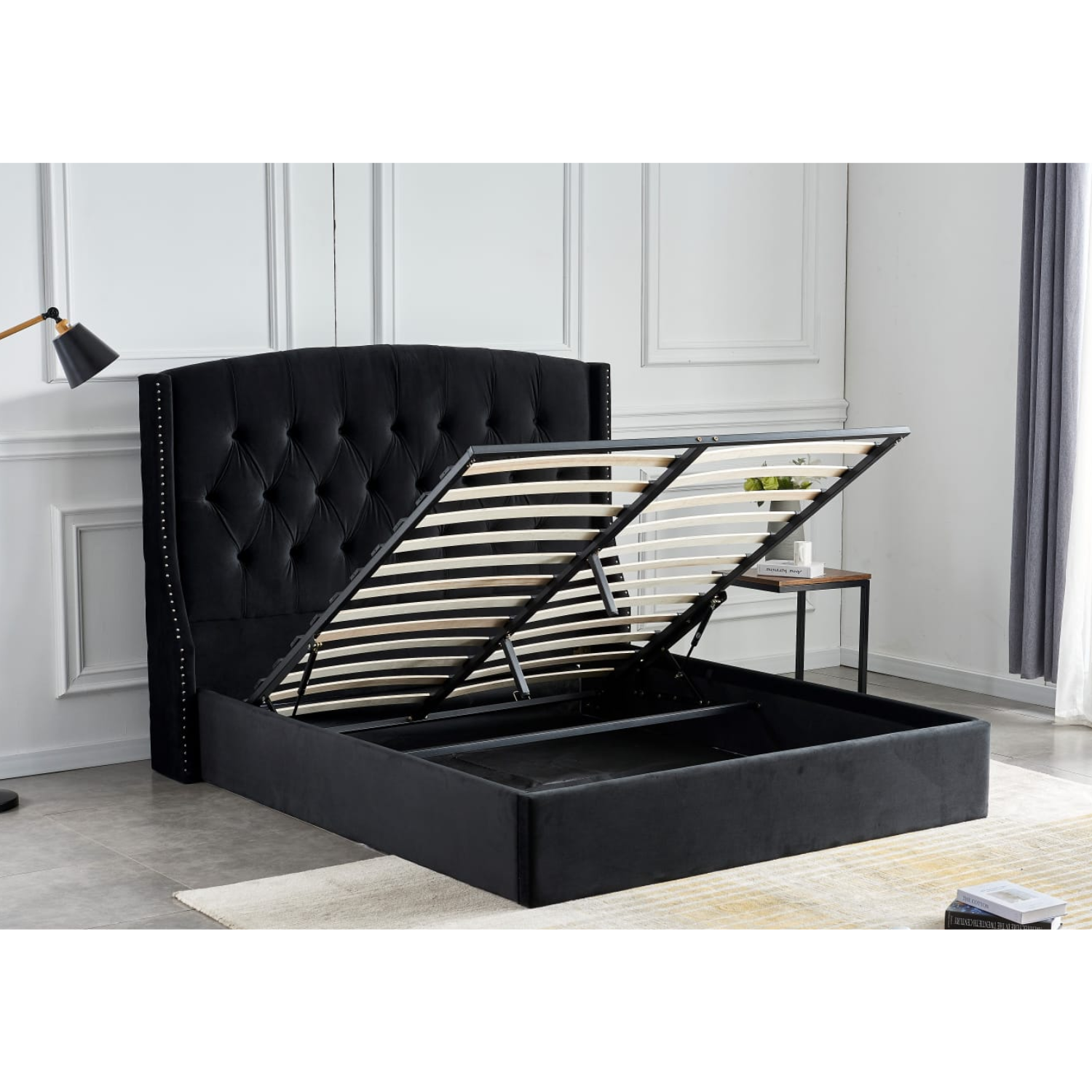 Lit coffre en velours capitonné – Sommier à lattes et rangement intégré – 180x200 cm – Gris, Beige ou Noir