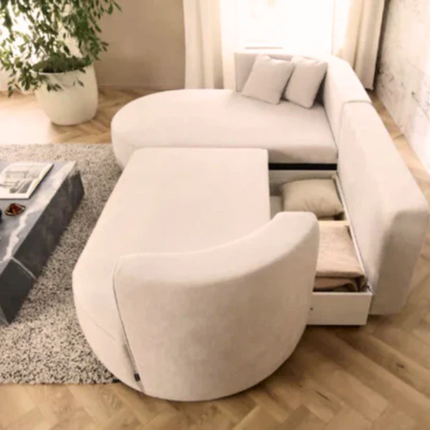 Canapé d’Angle Fiore S avec Coffre & Fonction Couchage – Design Arrondi