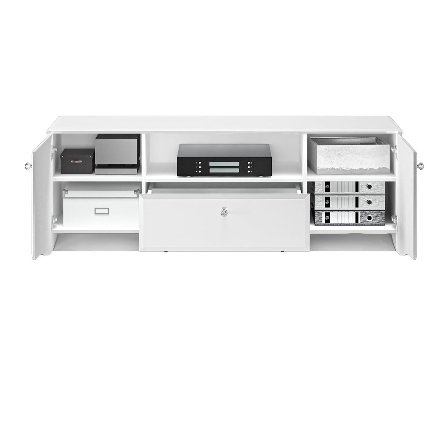 Meuble TV Moderne en Blanc Brillant avec Bordure ABS Durable et Tiroirs Spacieux