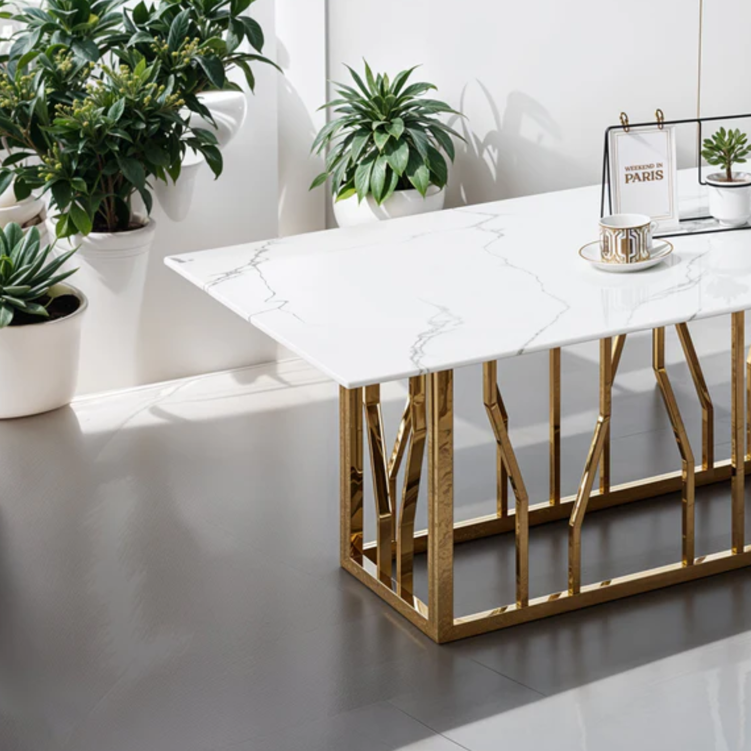 Table Basse Marbre Blanc Véritable & Piètement en Acier