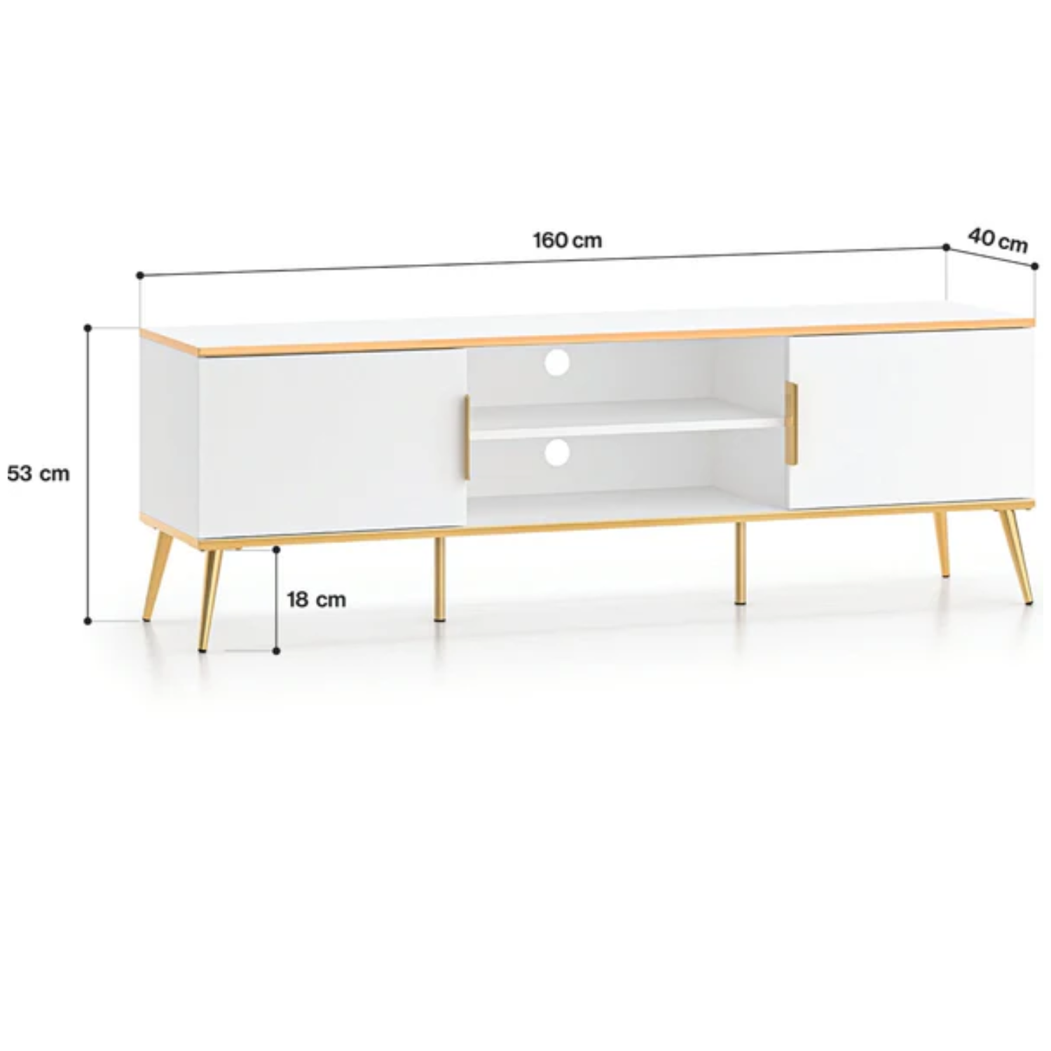 Meuble TV design moderne en bois blanc laqué mat & métal doré – rangement élégant