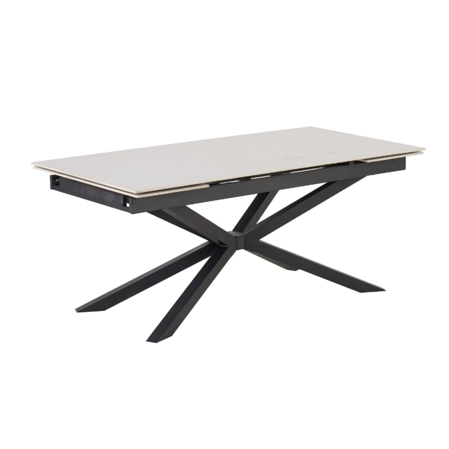 Table à manger extensible – Plateau céramique travertin mat ou blanc – Pied métal noir – 180/260x90x76 cm