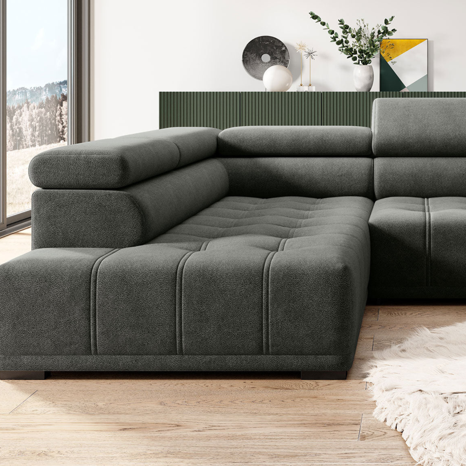 Canapé d’angle – Confort réglable électrique, design moderne et têtières ajustables