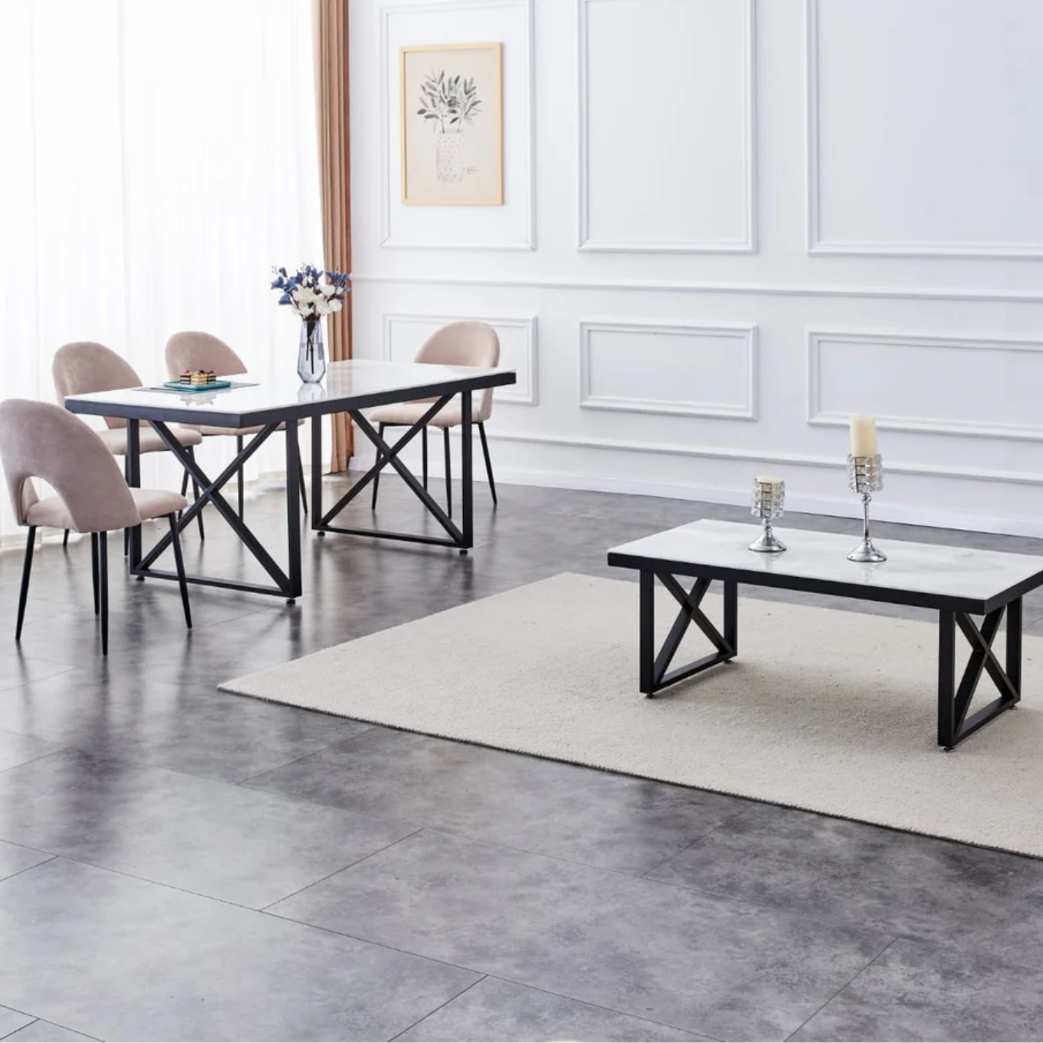 Table Basse Plateau en Marbre Blanc ou Noir et Pieds Métalliques