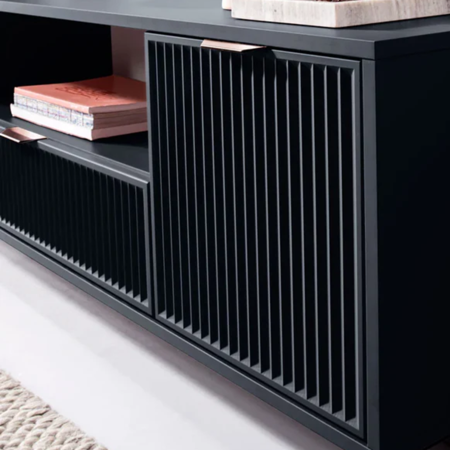 Meuble TV moderne avec rangements – 2 portes + tiroir + étagère centrale – 165 cm