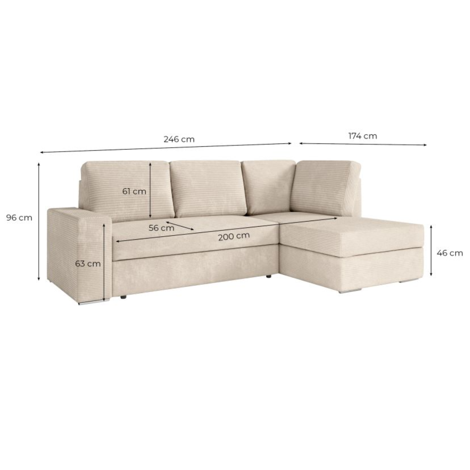 Canapé d'angle fixe convertible avec coffre en velours cotelé