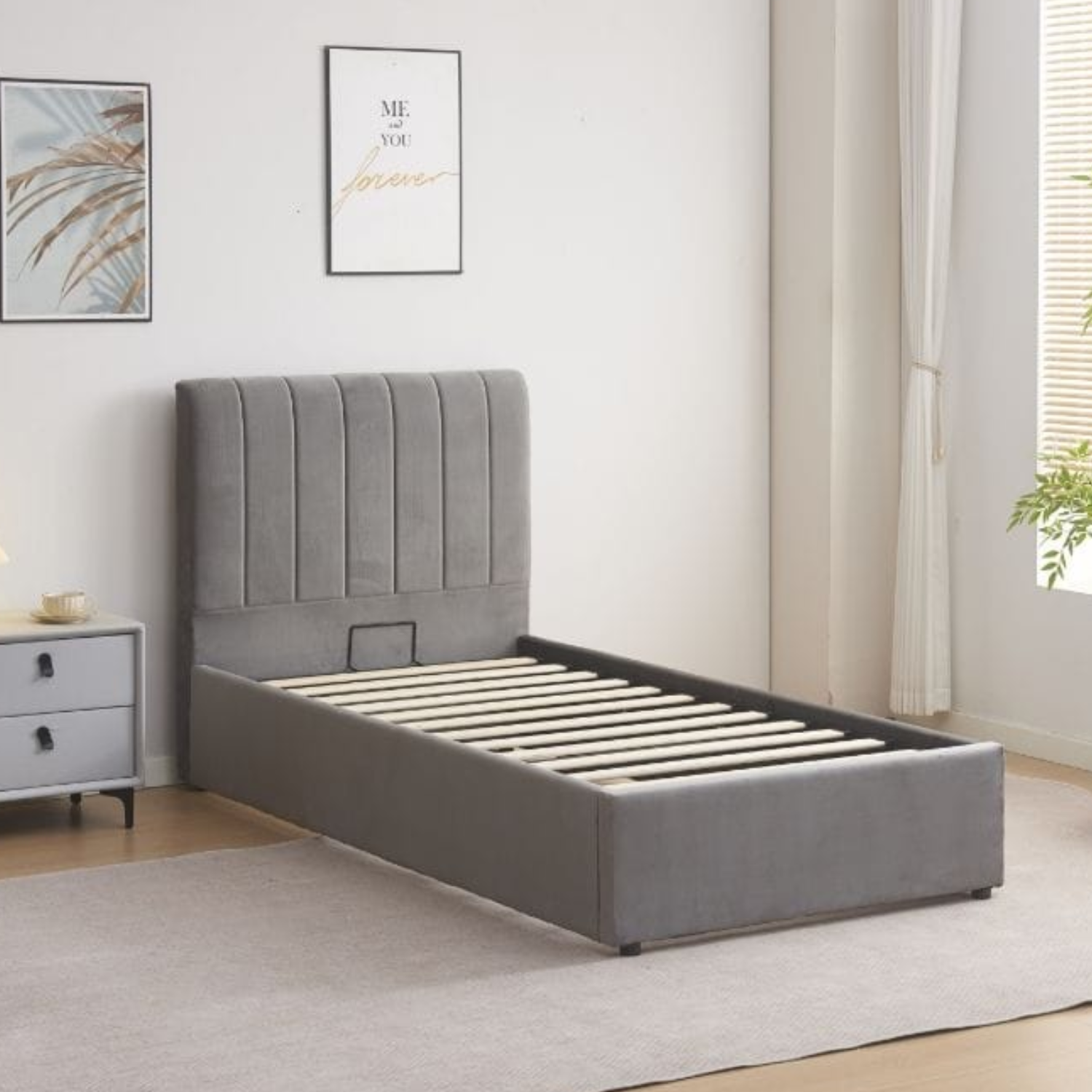 Lit coffre 1 place en velours – Gris, Taupe ou Rose – Compact et avec Rangement