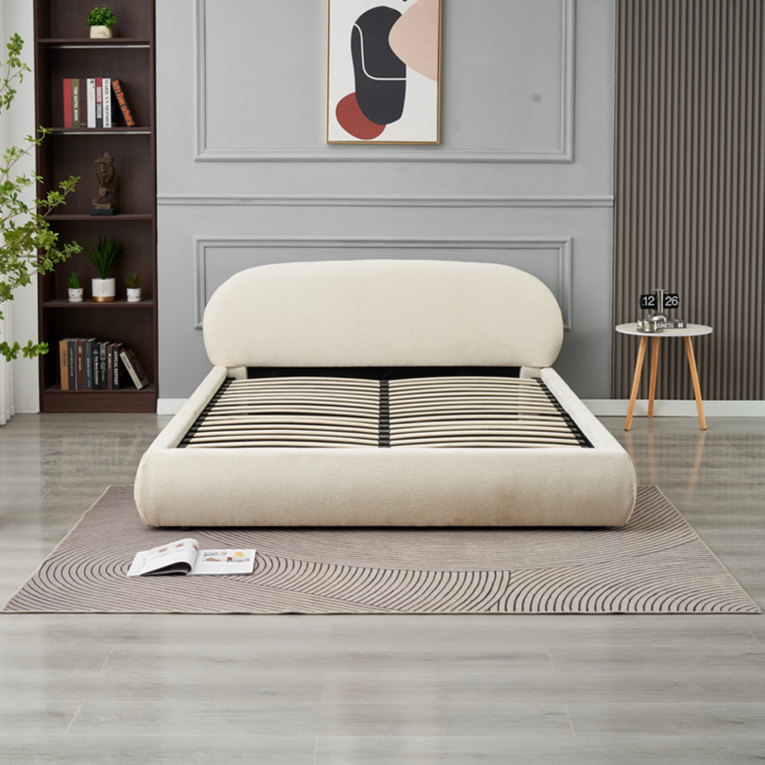 Lit coffre 2 places en Tissu chenille beige – Sommier à lattes avec rangement intégré– 140x190 & 160x200 cm