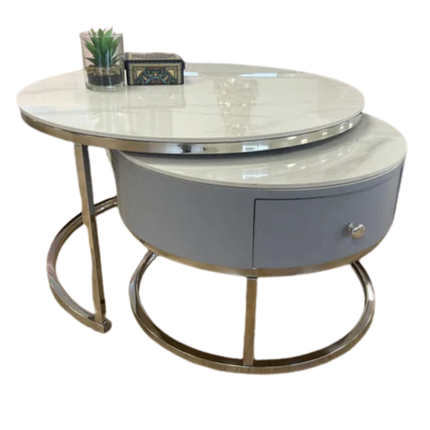 Table Basse Gigogne Céramique Marbre Blanc avec Piètement en acier inoxydable
