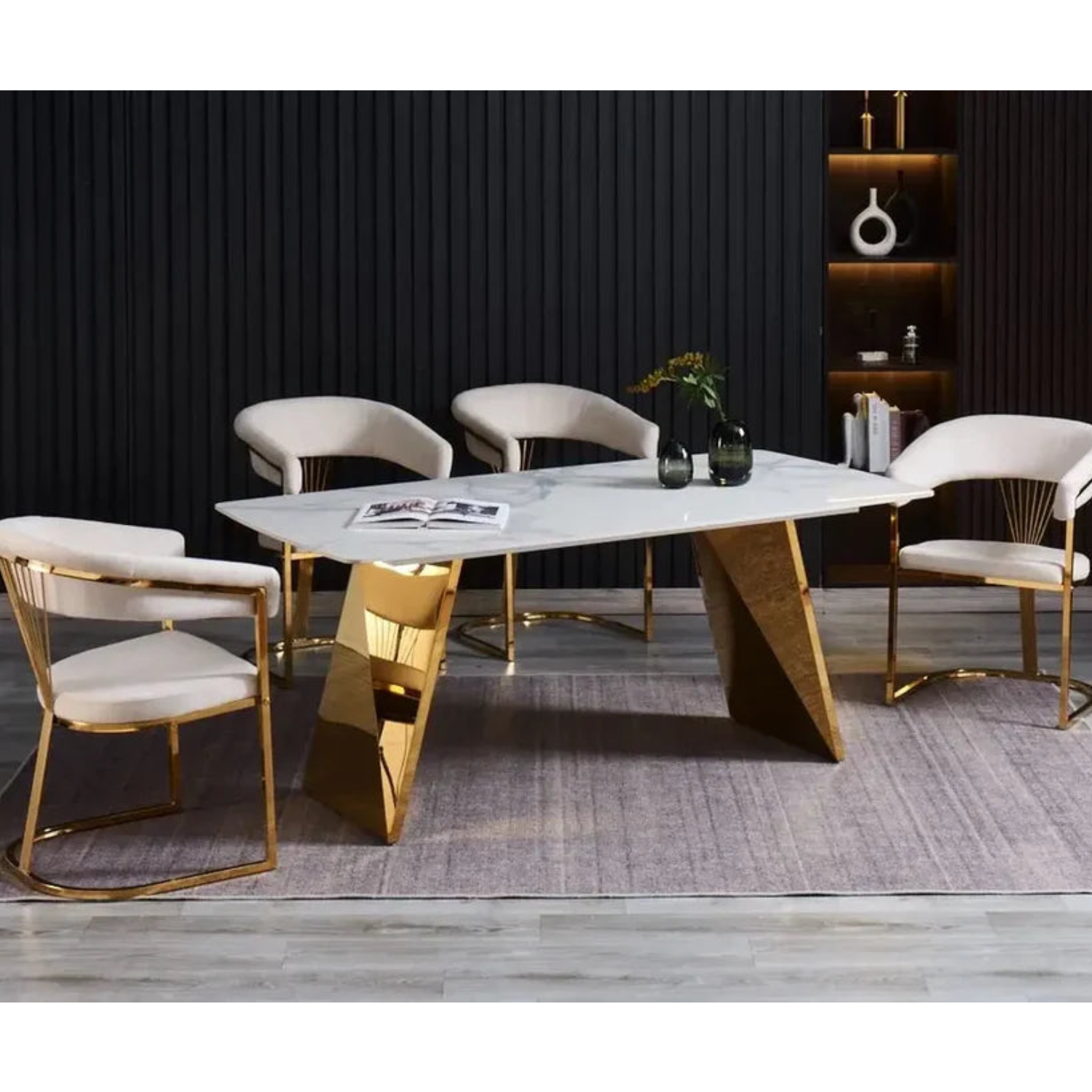 Table à manger 180x90 cm – Plateau céramique effet marbre blanc & pieds métal doré ou argenté