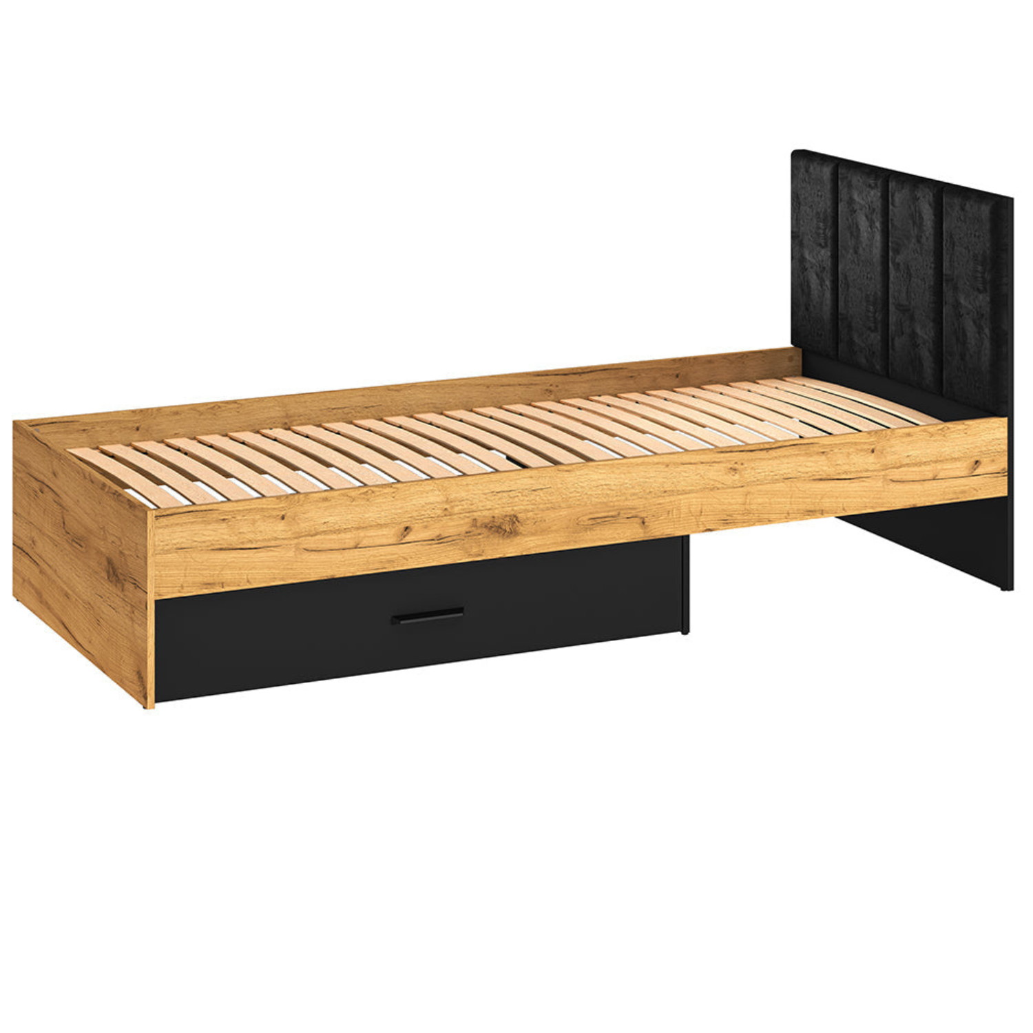 Lit en Chêne Craft Or et Noir avec Tête de Lit en Velours Noir – Design Moderne et Résistant