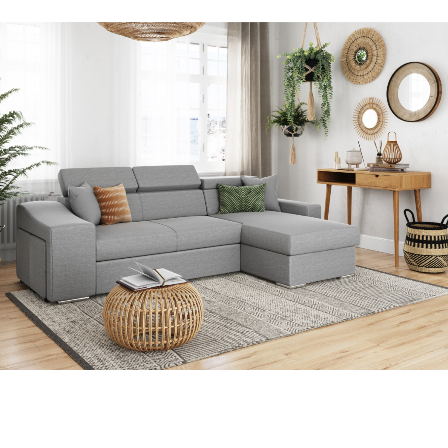 Canapé d'angle réversible, convertible avec coffre et 2 poufs en tissu