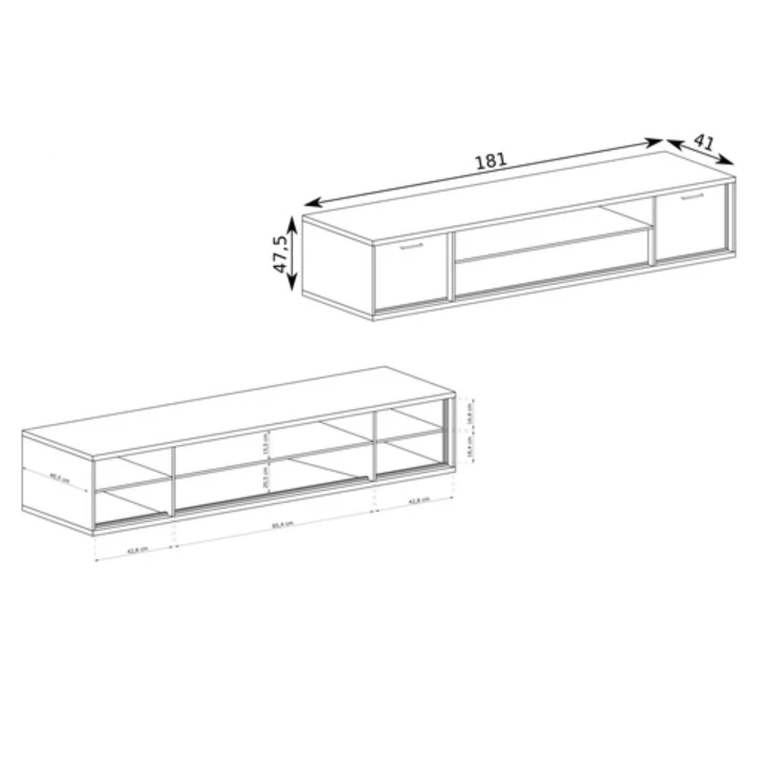 Meuble TV avec tiroir et étagères – teinte bois naturelle en deux dimensions – 139 cm et 181 cm