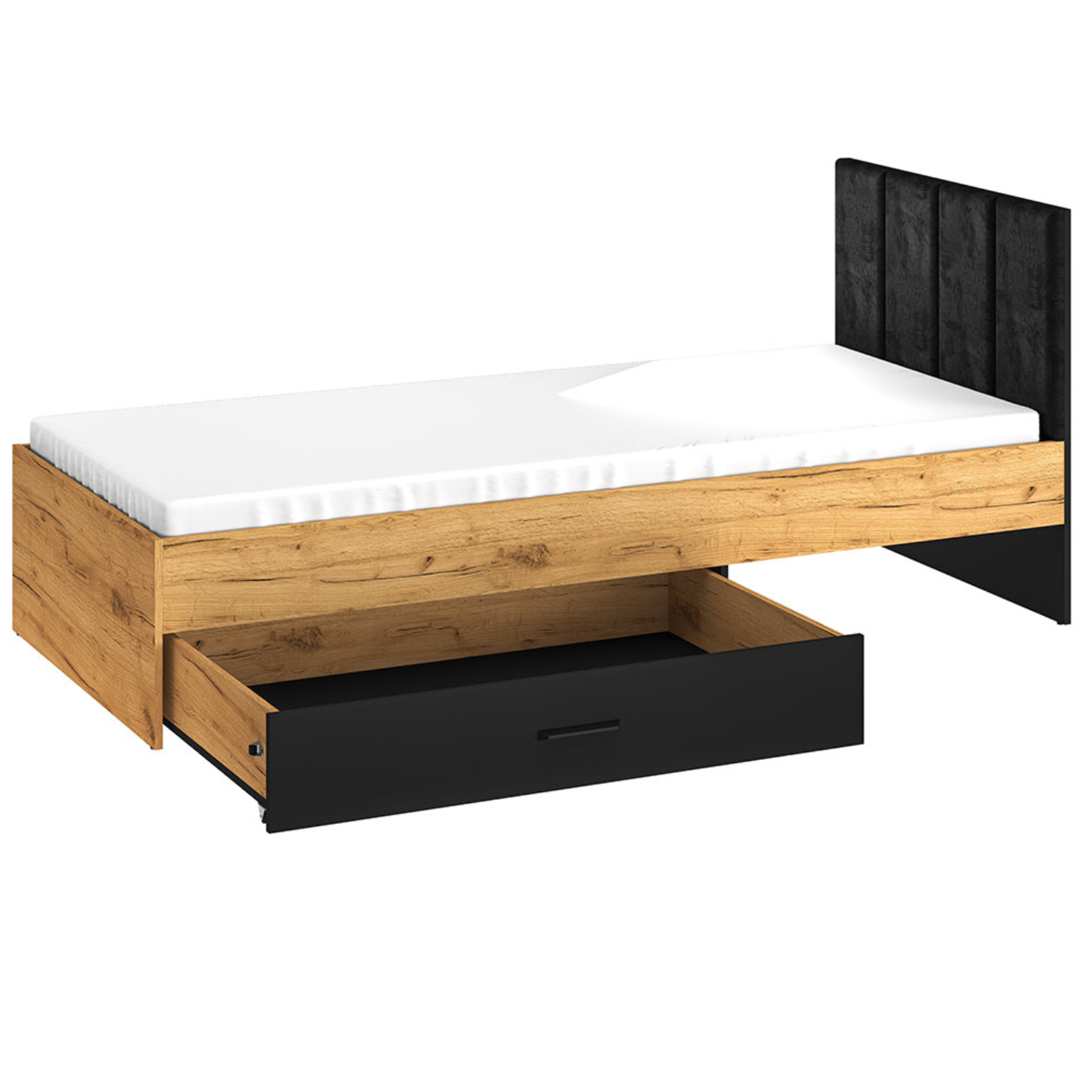 Lit en Chêne Craft Or et Noir avec Tête de Lit en Velours Noir – Design Moderne et Résistant