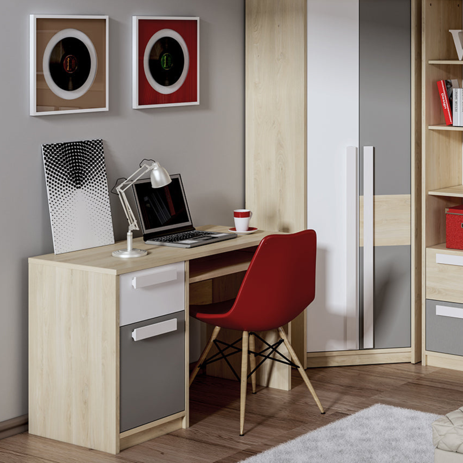 Bureau moderne Hêtre Fjord + Blanc, design élégant avec bordure ABS et finition résistante