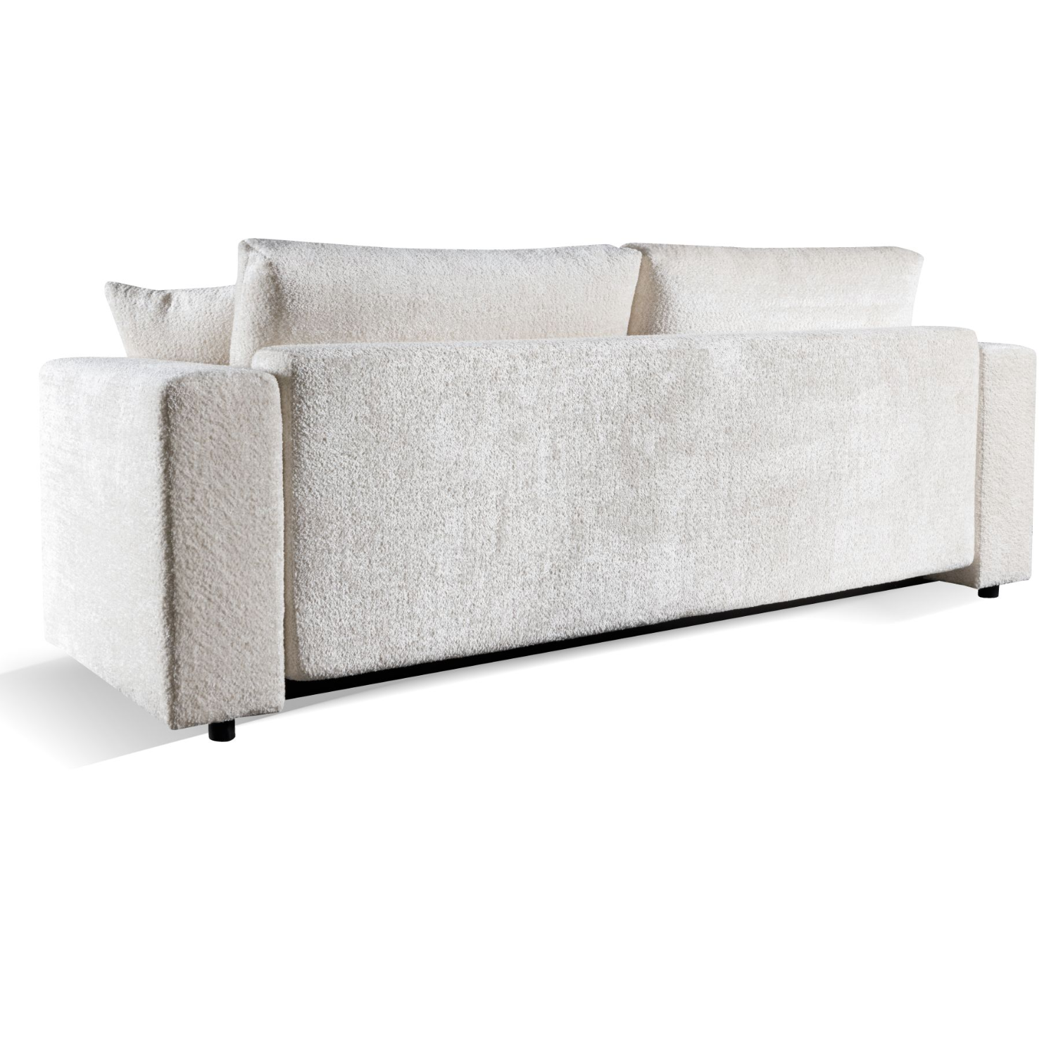 Canapé convertible avec coffre, coussins amovibles et revêtement en tissu bouclé