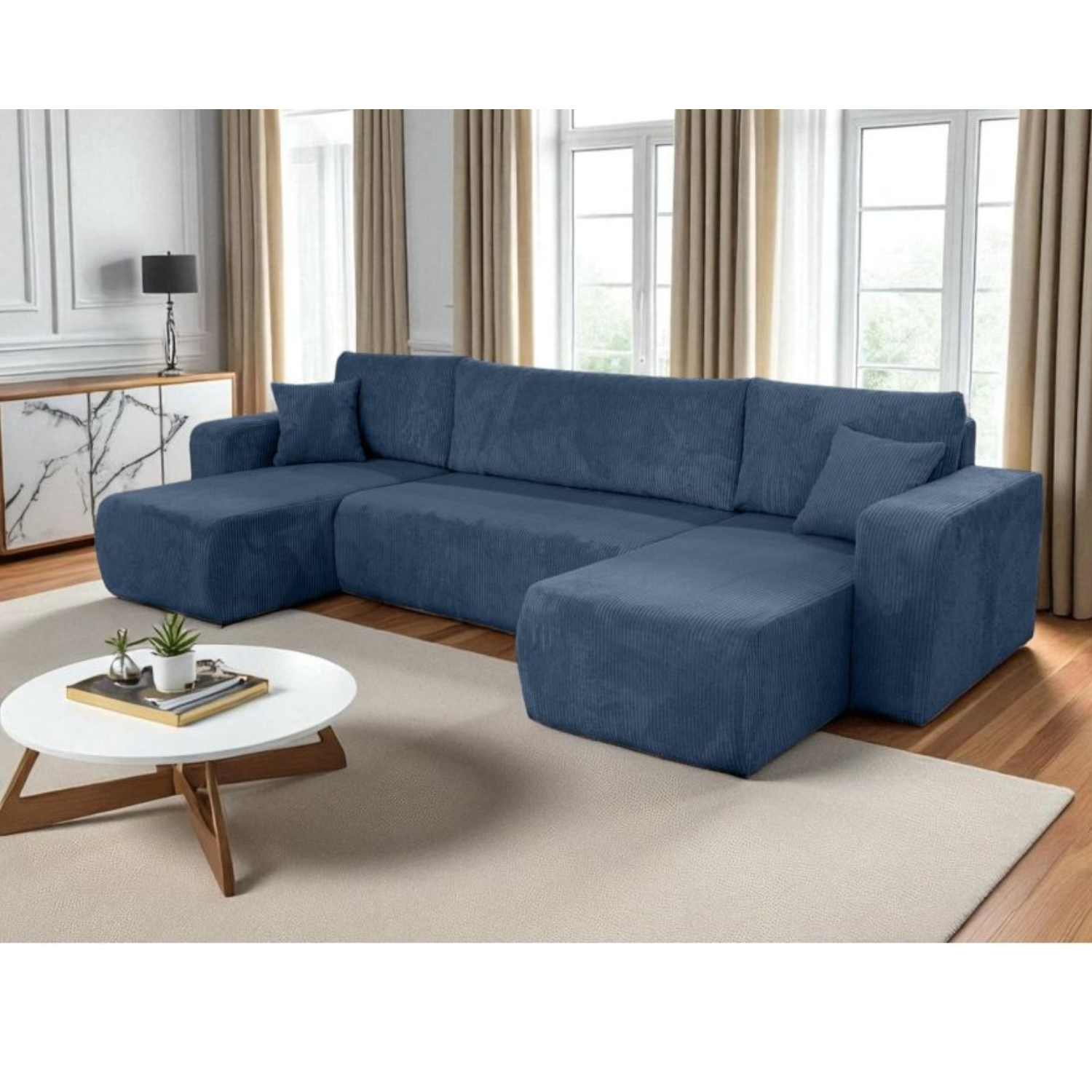 Canapé Panoramique – 5 Places – Convertible avec Coffre – Velours Côtelé