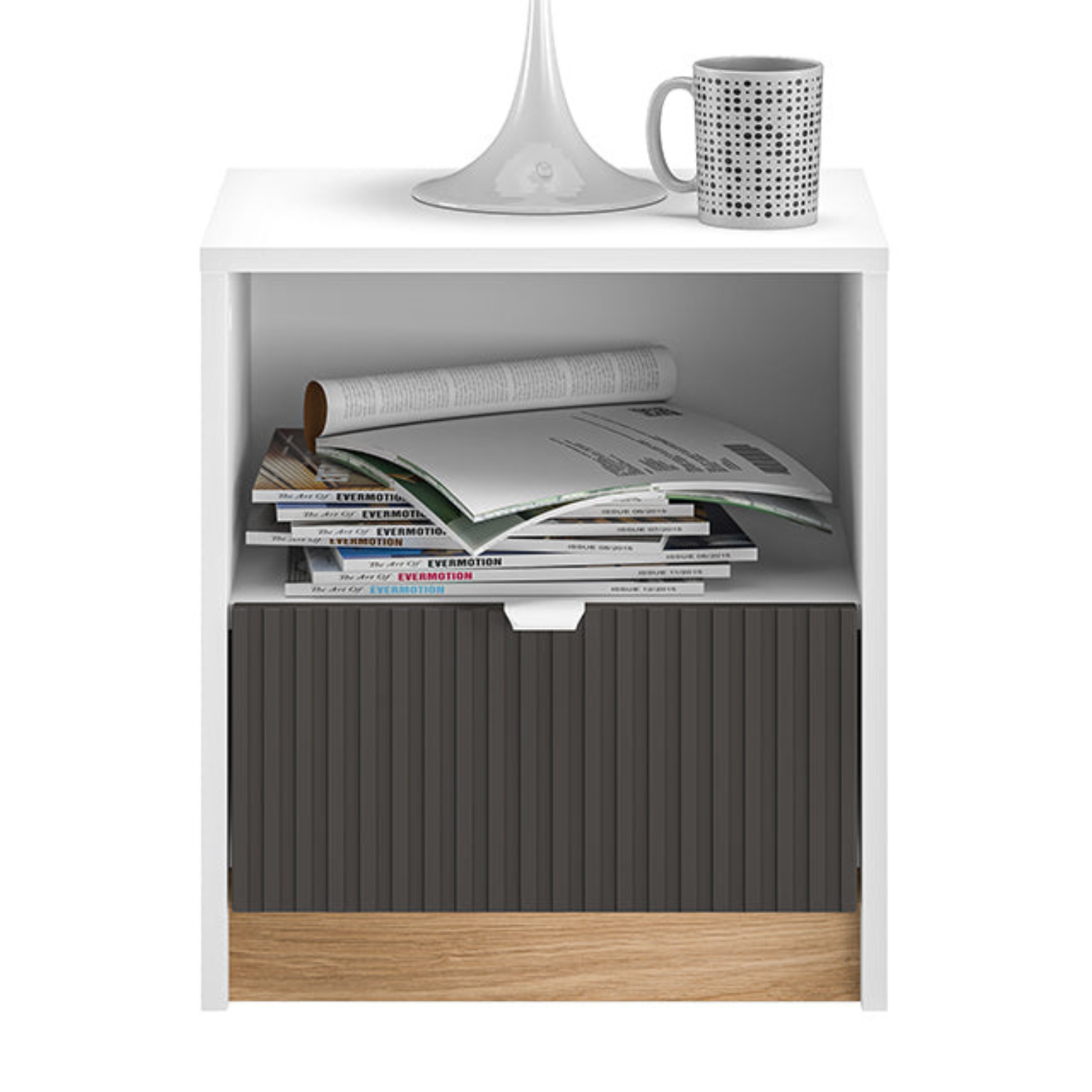 Table de Chevet Moderne – Blanc, Graphite Mat & Chêne Castello
