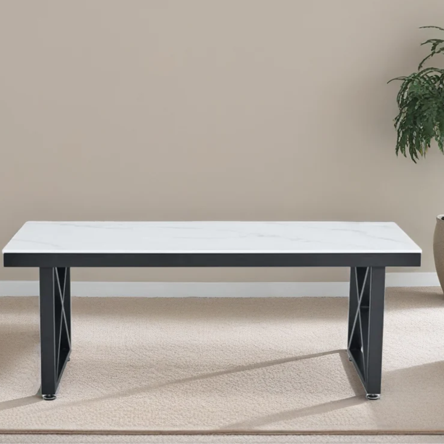 Table Basse Plateau en Marbre Blanc ou Noir et Pieds Métalliques