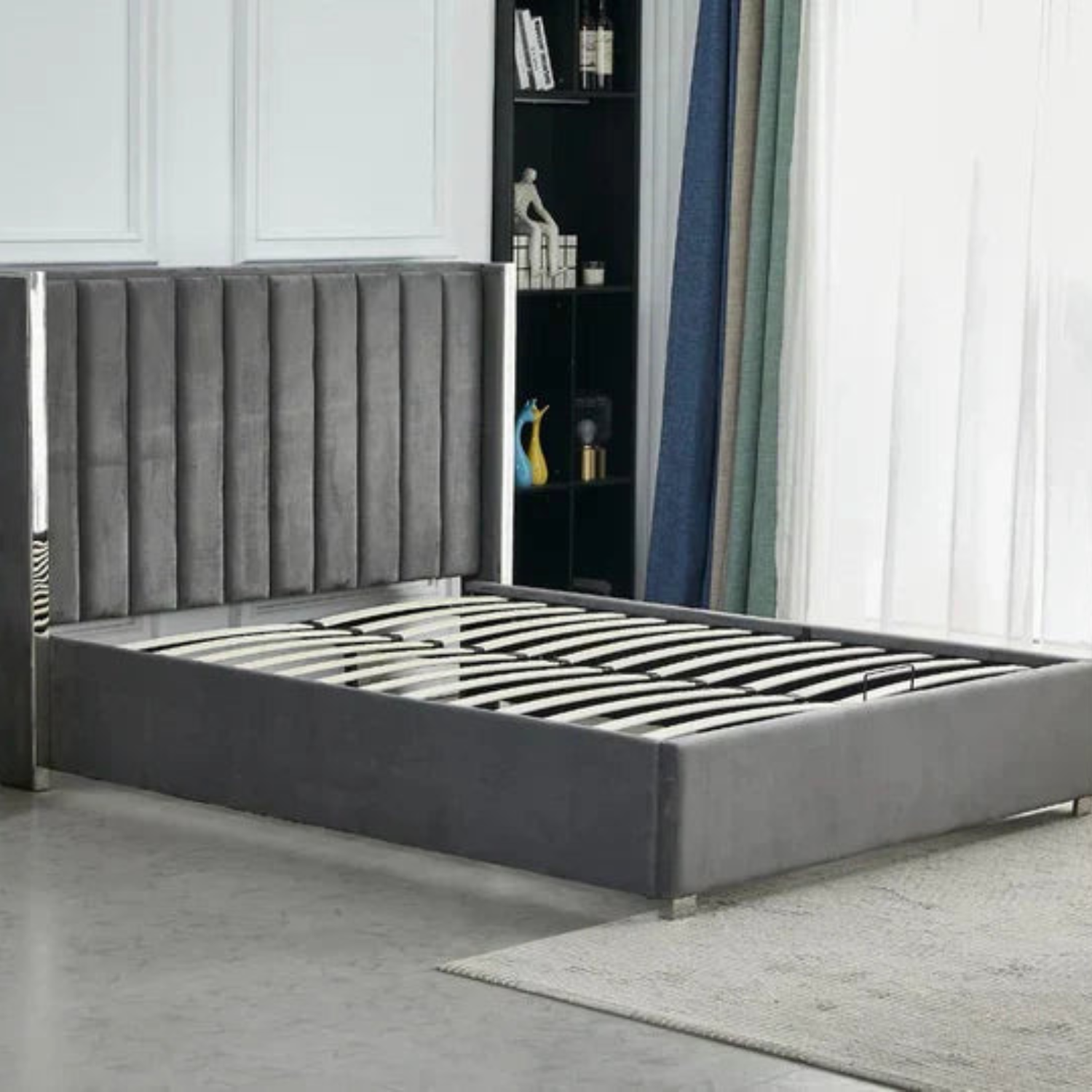 Lit Coffre avec Tête Capitonnée  avec Rangement  – Velours Taupe, Gris ou Noir – 140x200 / 160x200 cm