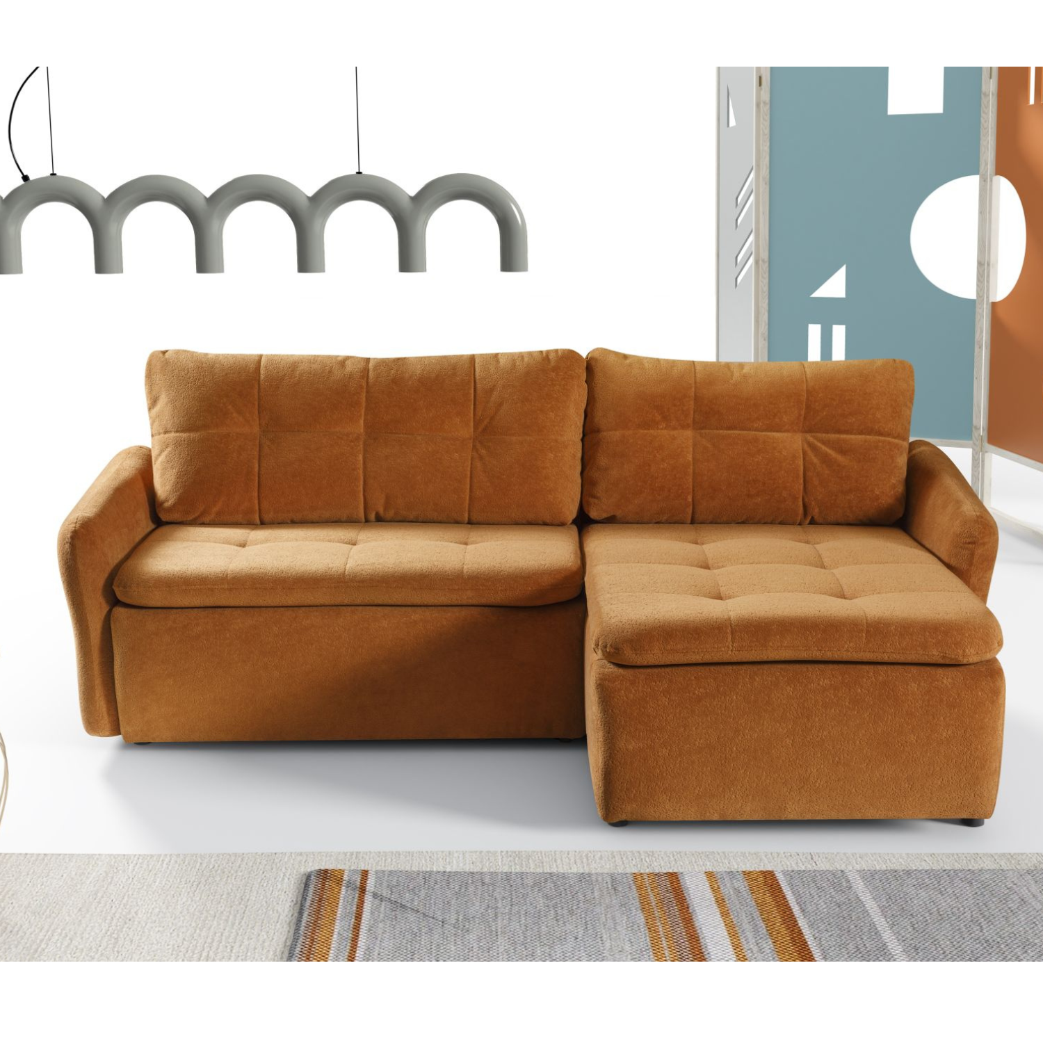 Canapé d’angle convertible 246 cm – Tissu matelassé cannelle – Universel (droite/gauche)