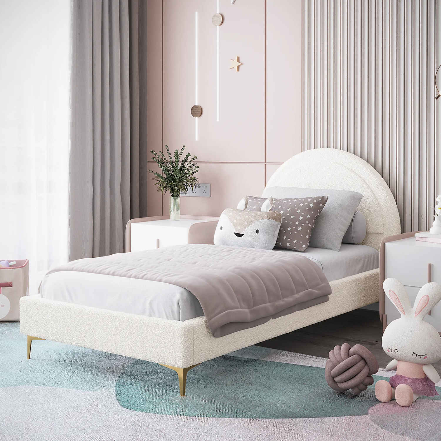 Lit enfant 90x190 cm – Velours rose et blanc