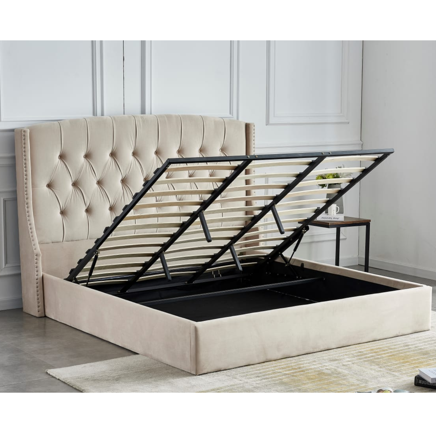 Lit coffre en velours capitonné – Sommier à lattes et rangement intégré – 180x200 cm – Gris, Beige ou Noir