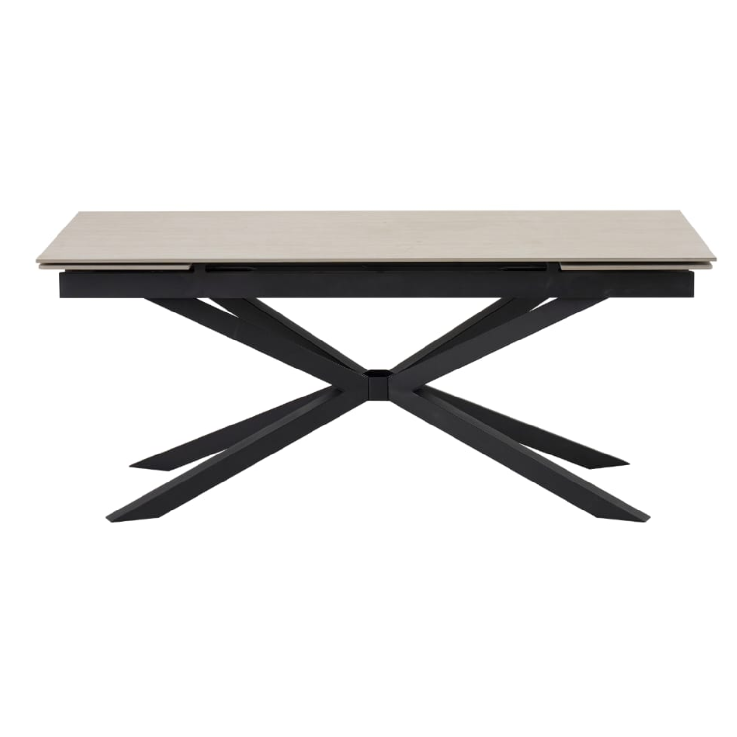 Table à manger extensible – Plateau céramique travertin mat ou blanc – Pied métal noir – 180/260x90x76 cm