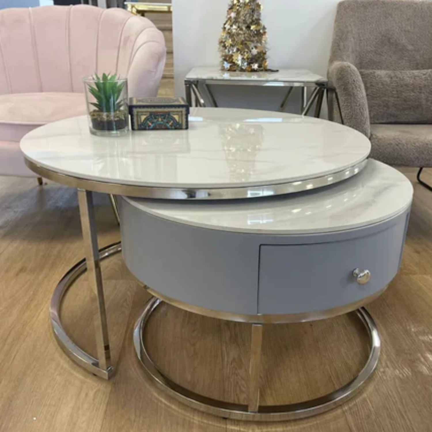 Table Basse Gigogne Céramique Marbre Blanc avec Piètement en acier inoxydable