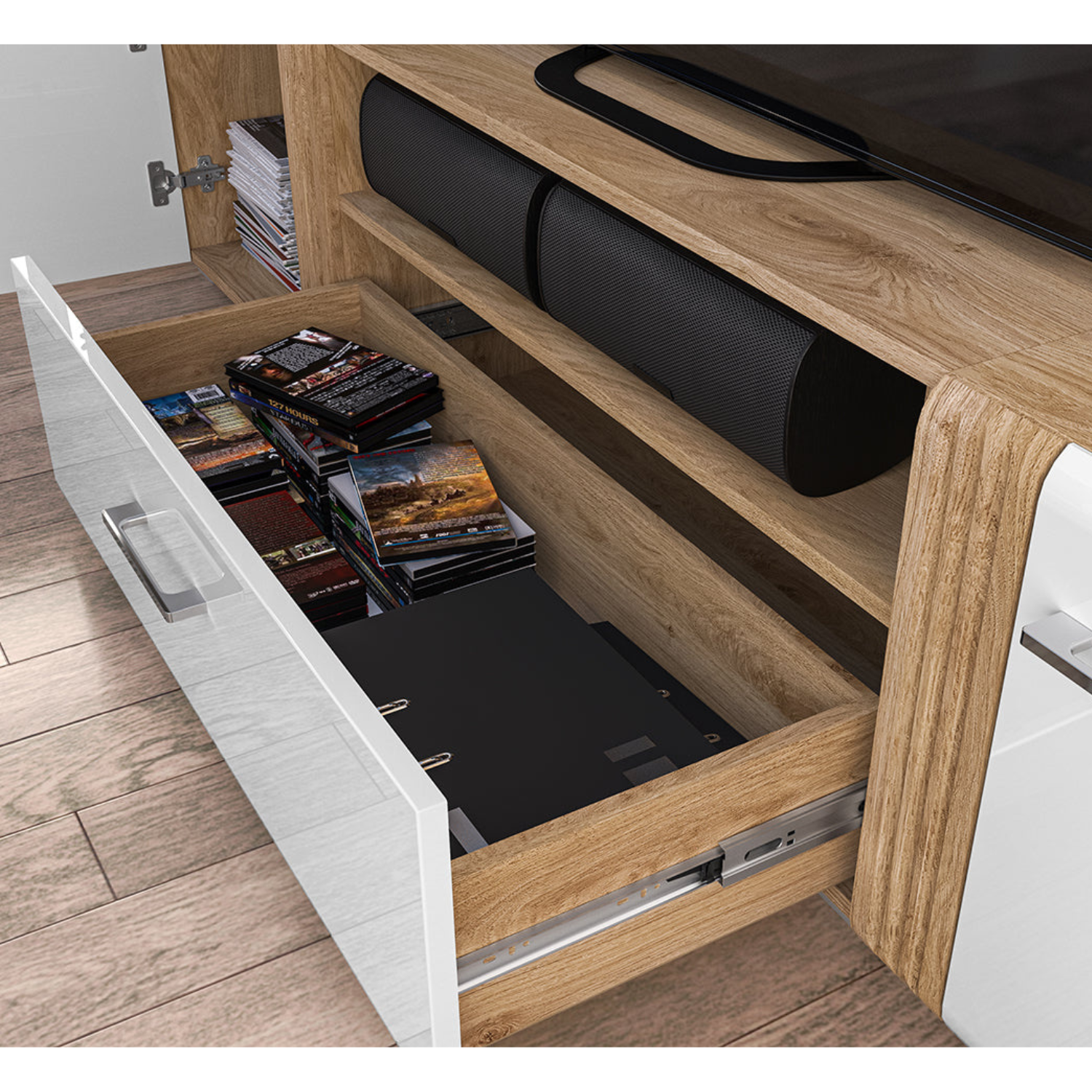 Meuble TV bas moderne – Chêne Castello & blanc – Résistant aux rayures et à l’humidité