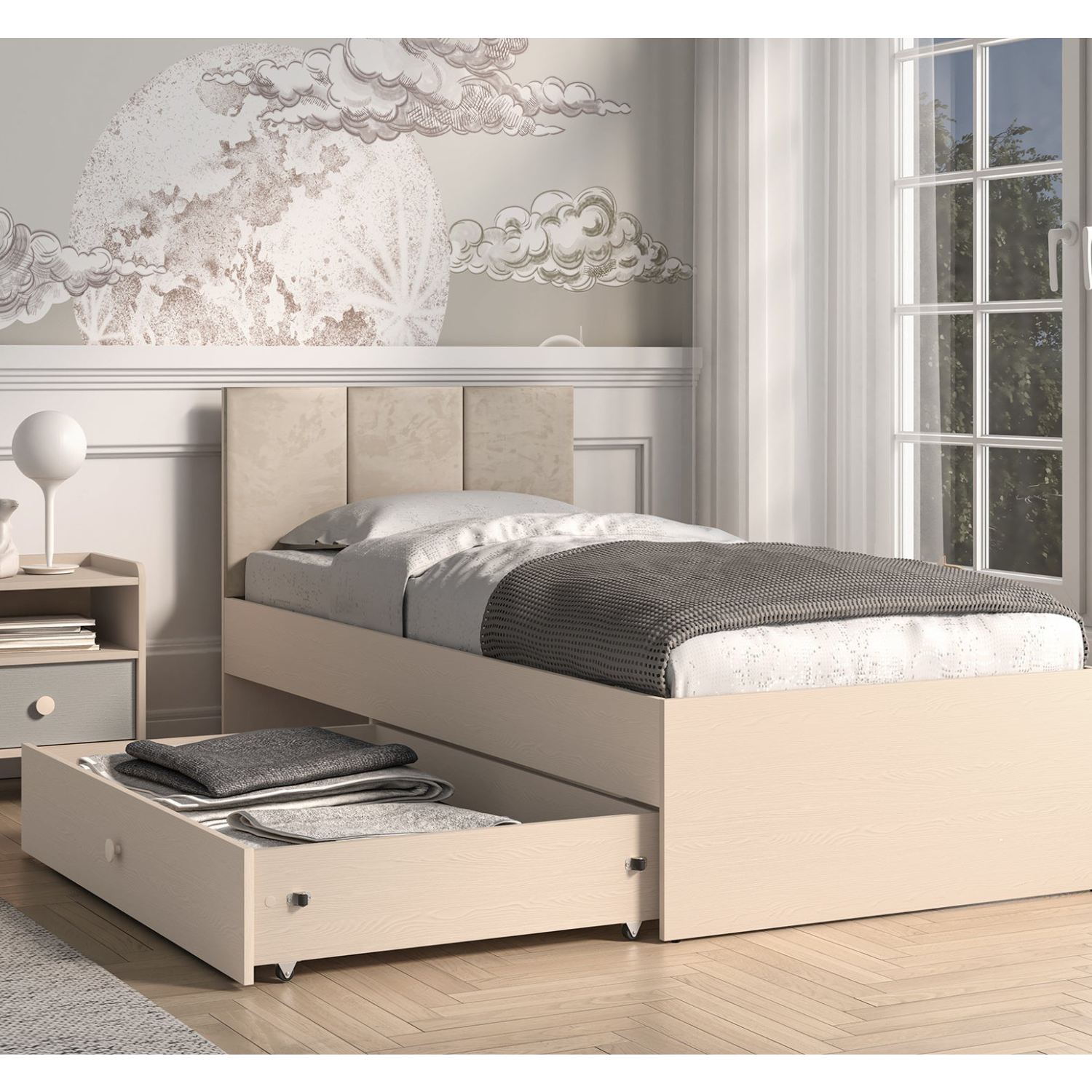 Lit enfant Moderne avec Tête de Lit en Velours Beige et Structure en Sable du Désert – Design Élégant et Confort Assuré