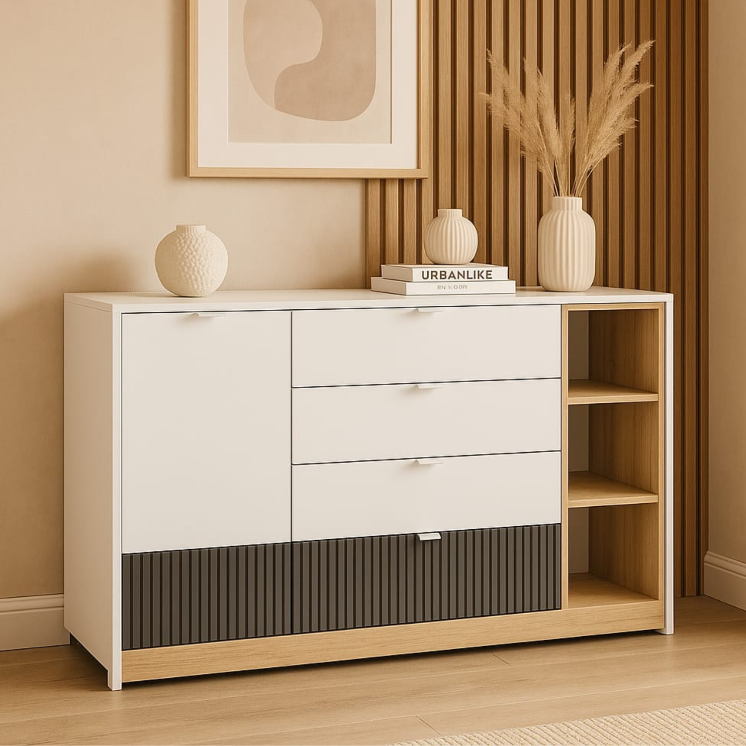 Commode, Buffet enfant moderne avec tiroirs à extension complète – Blanc, Graphite Mat & Chêne Castello