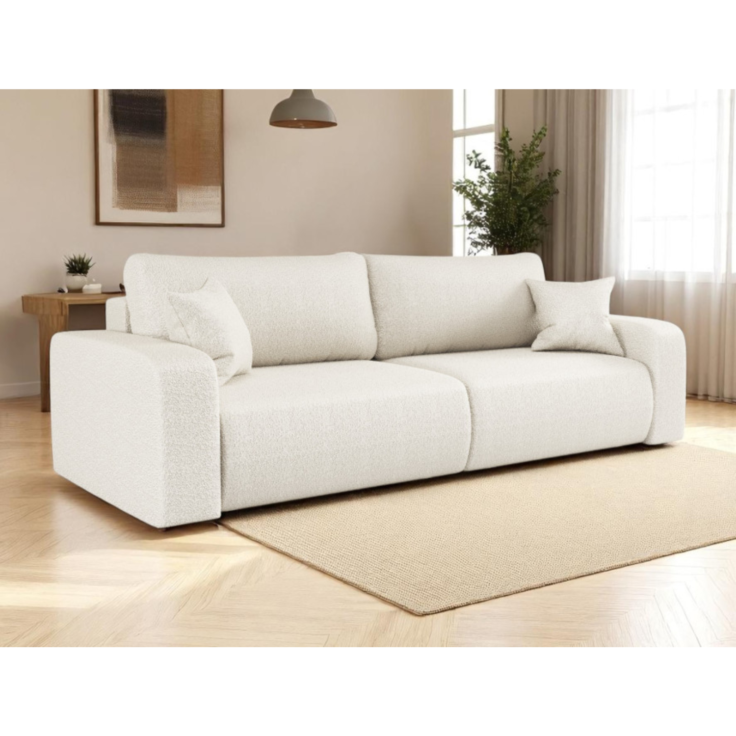 Canapé convertible 3 places – avec coffre de rangement – Tissu bouclette ou velours côtelé – Fabrication européenne