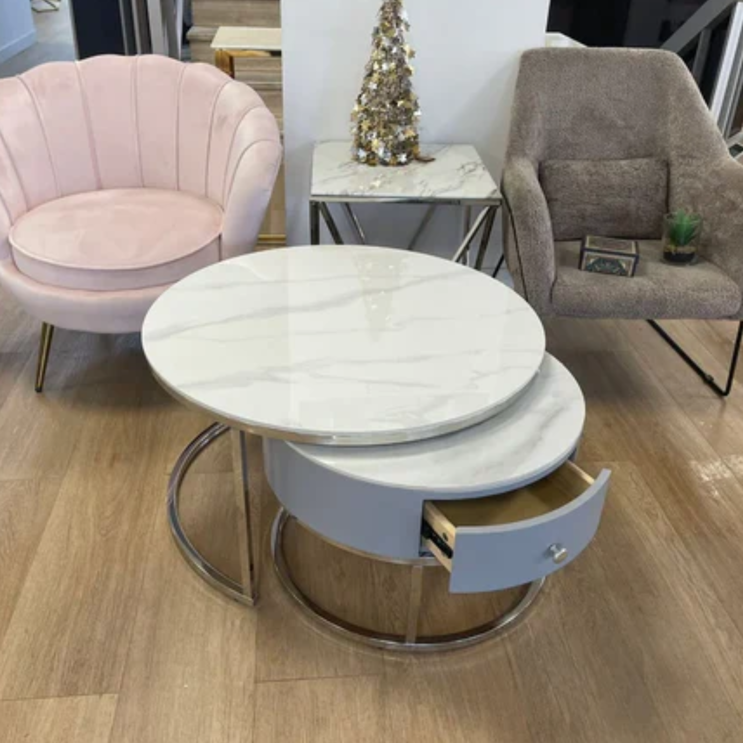 Table Basse Gigogne Céramique Marbre Blanc avec Piètement en acier inoxydable