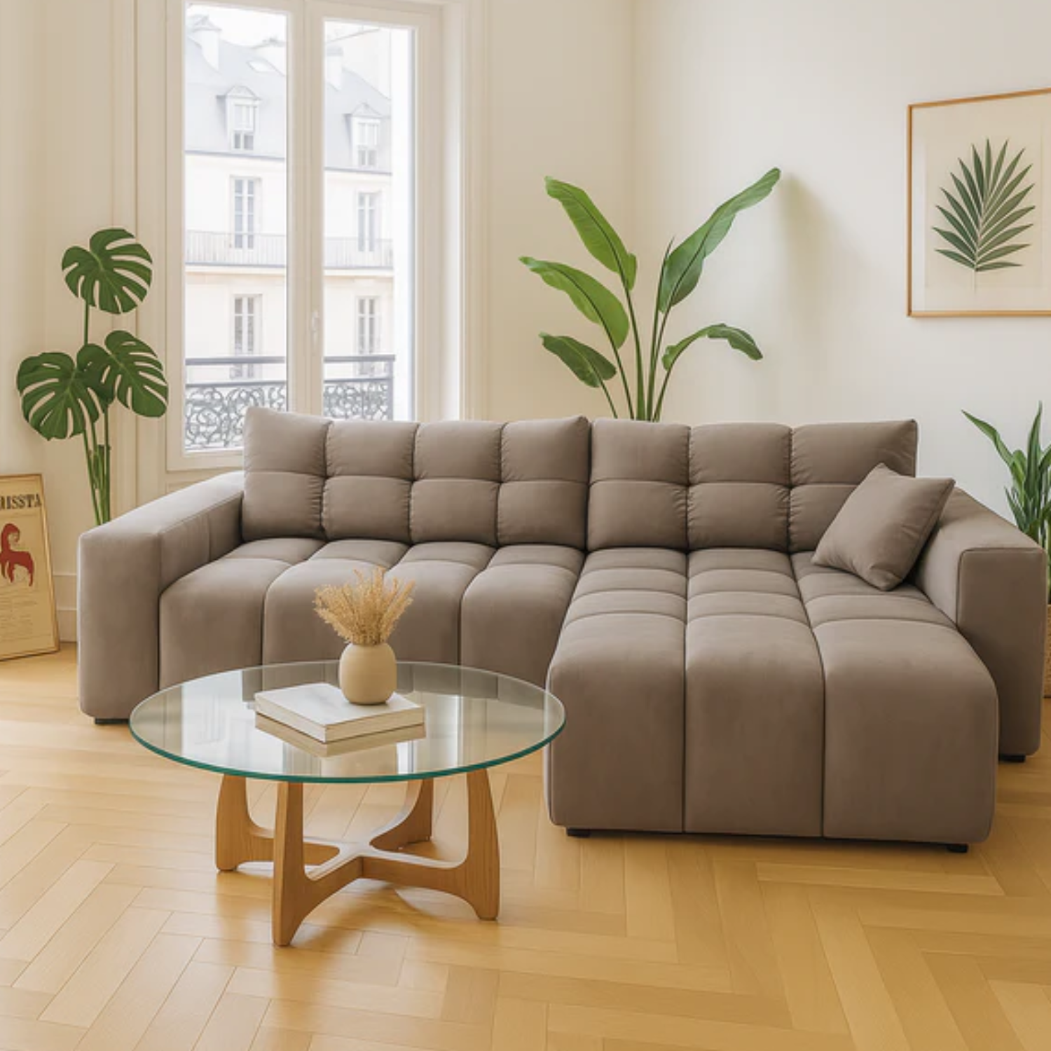 Canapé d’angle convertible en tissu Taupe, fonction couchage et coffre intégré