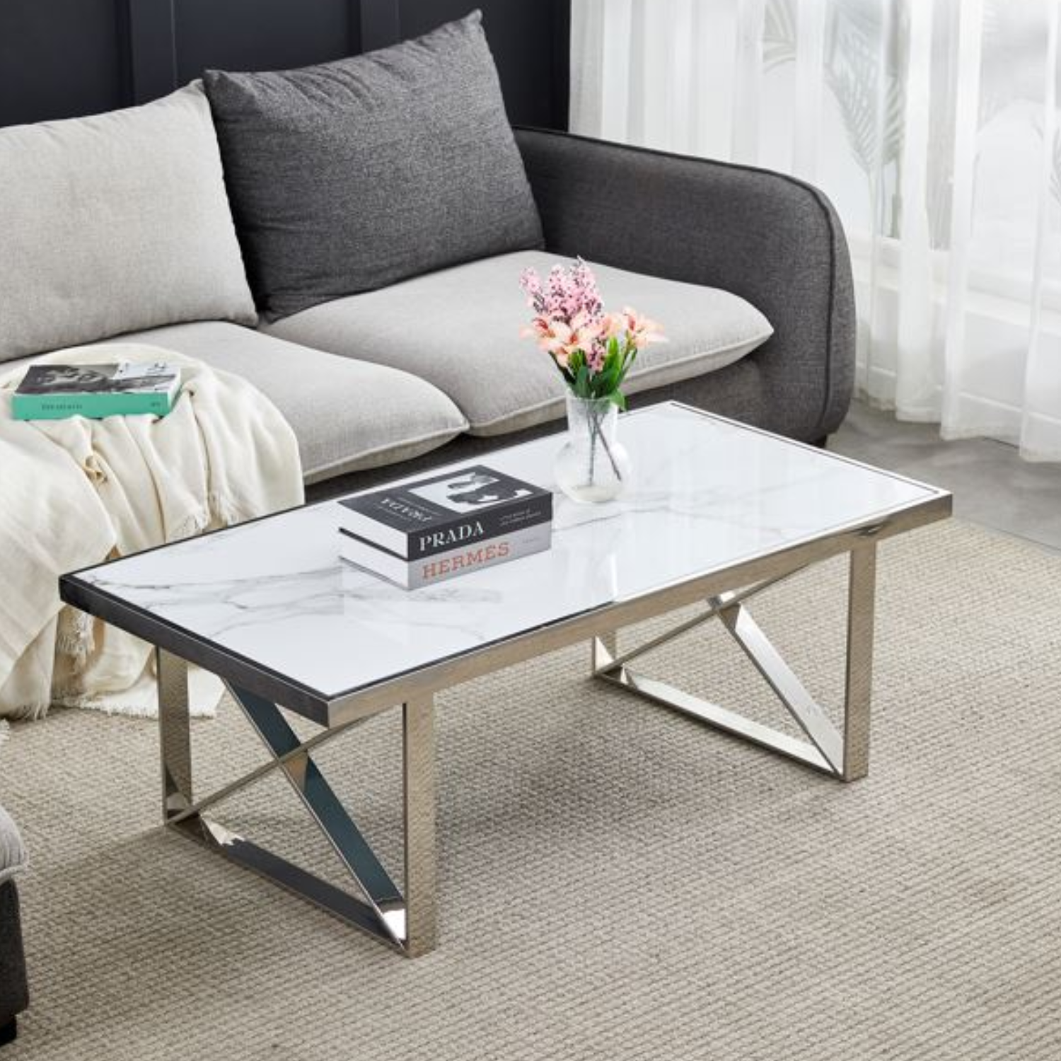 Table Basse Plateau en Marbre Blanc ou Noir et Pieds Métalliques