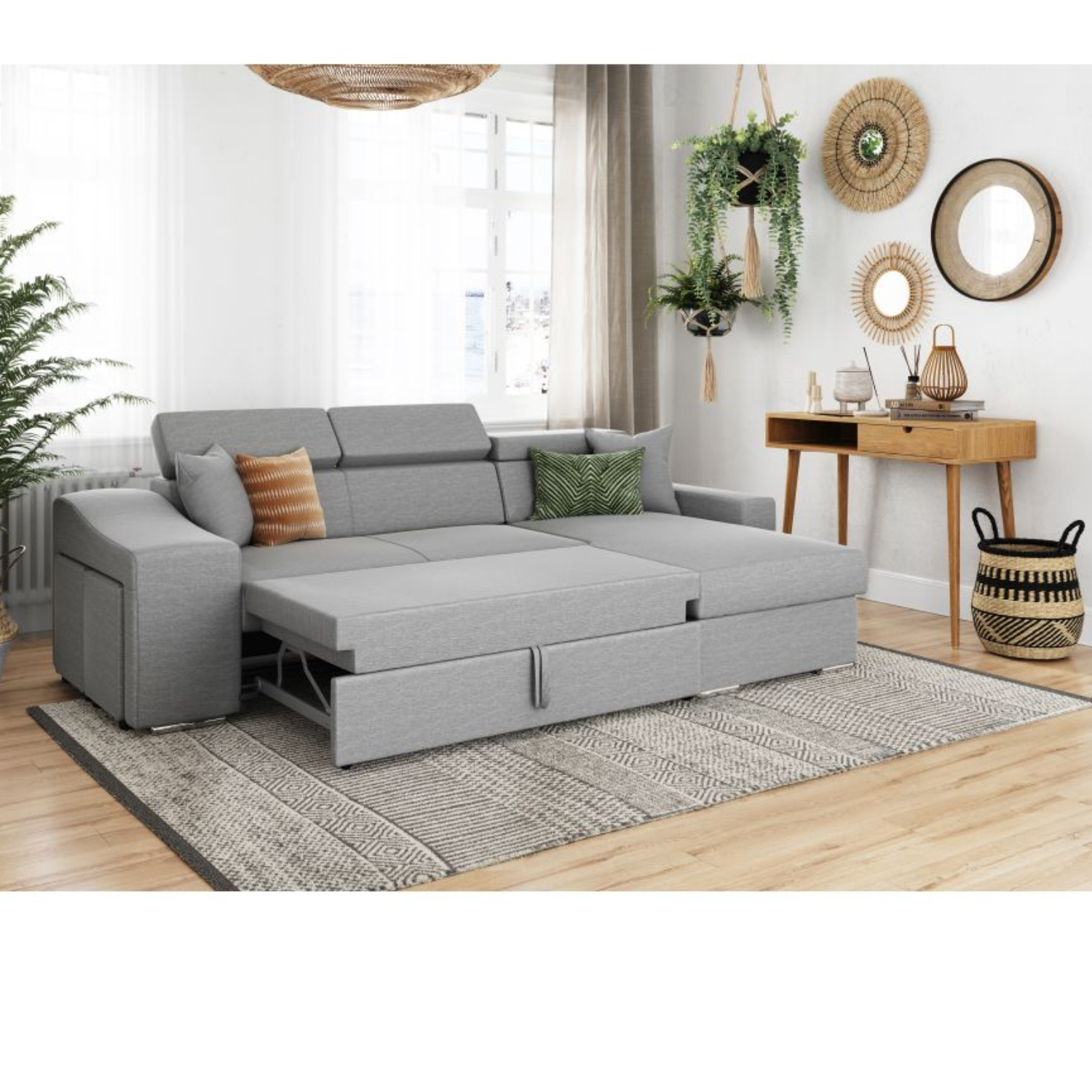 Canapé d'angle réversible, convertible avec coffre et 2 poufs en tissu