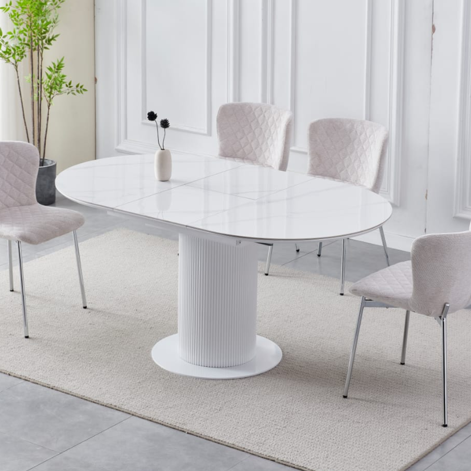 Table à Manger Extensible avec Rallonge en Céramique et Piètement en Bois Laqué et Inox