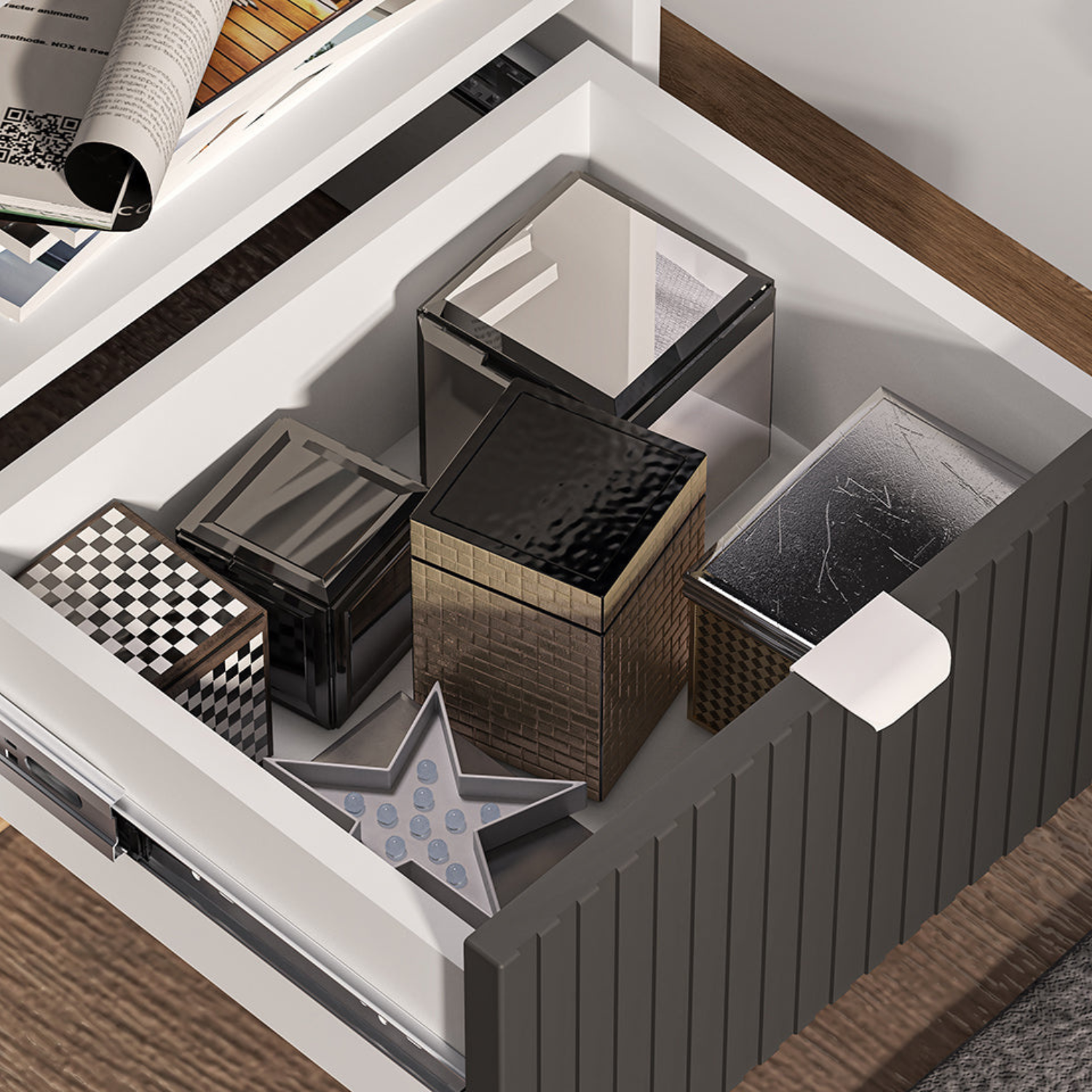 Table de Chevet Moderne – Blanc, Graphite Mat & Chêne Castello