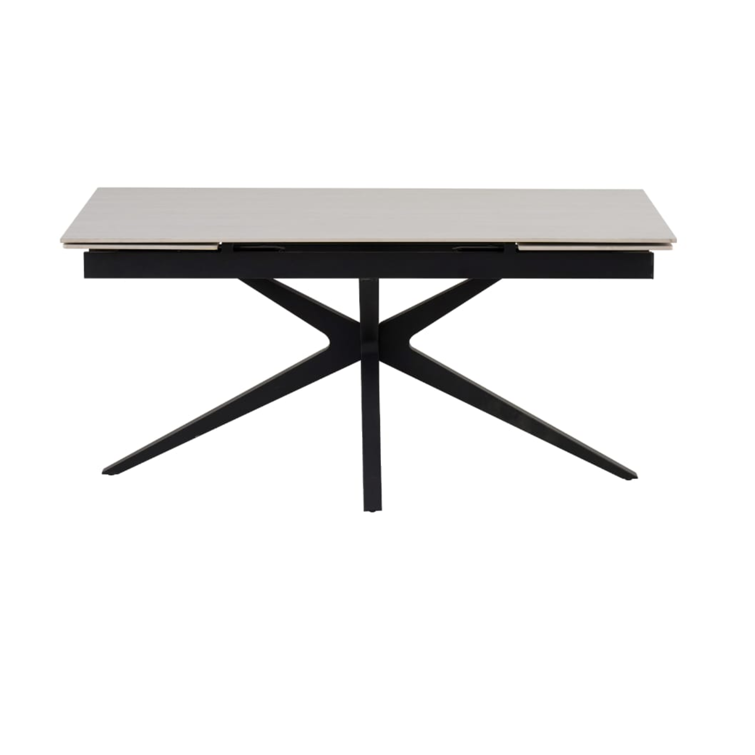 Table à manger extensible – Plateau céramique travertin mat ou blanc – Pied métal noir – 160/240x90x76 cm