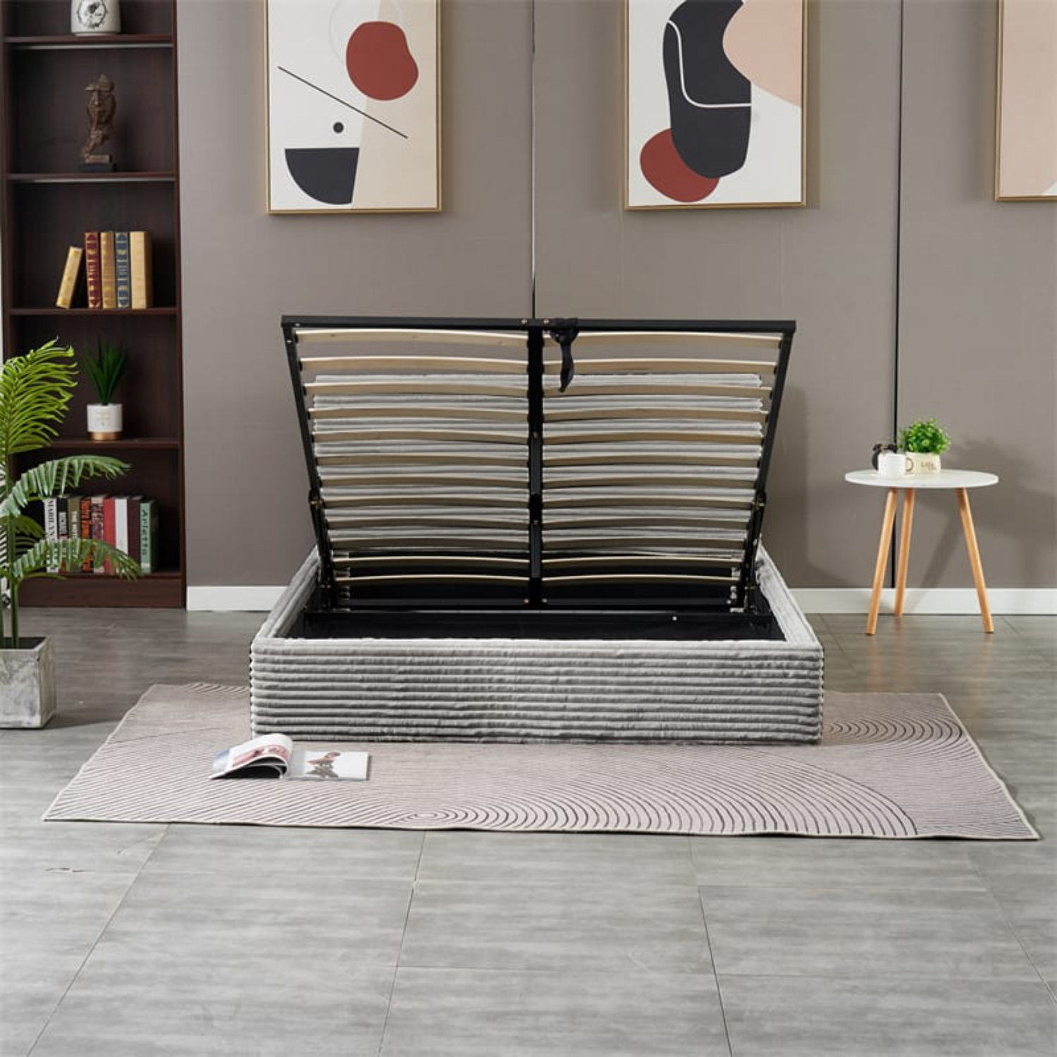 Lit Coffre Côtelé en Velours – Écru ou Gris – 90x190, 140x190, 160x200 cm