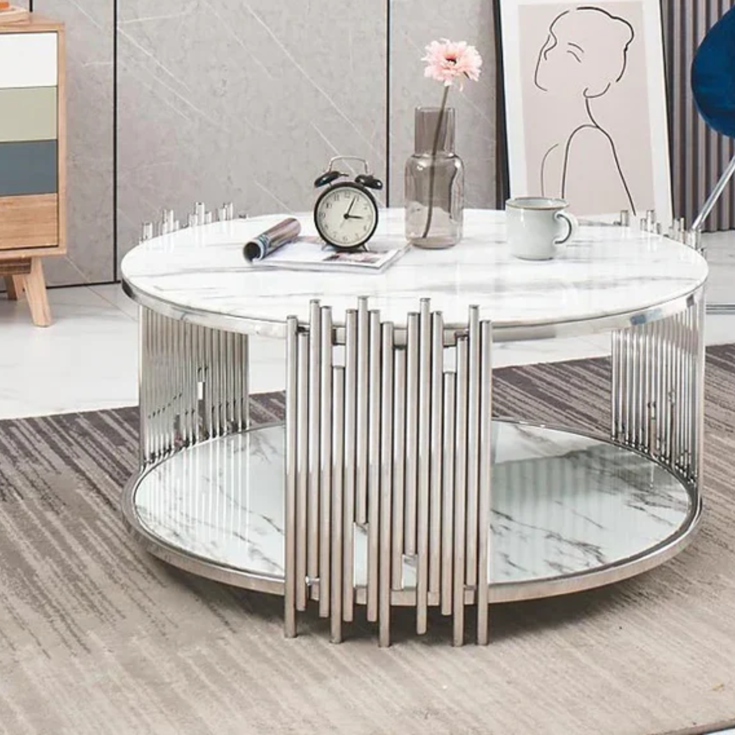 Table basse plateau couleur blanc pieds pieds dorés en acier inoxydable