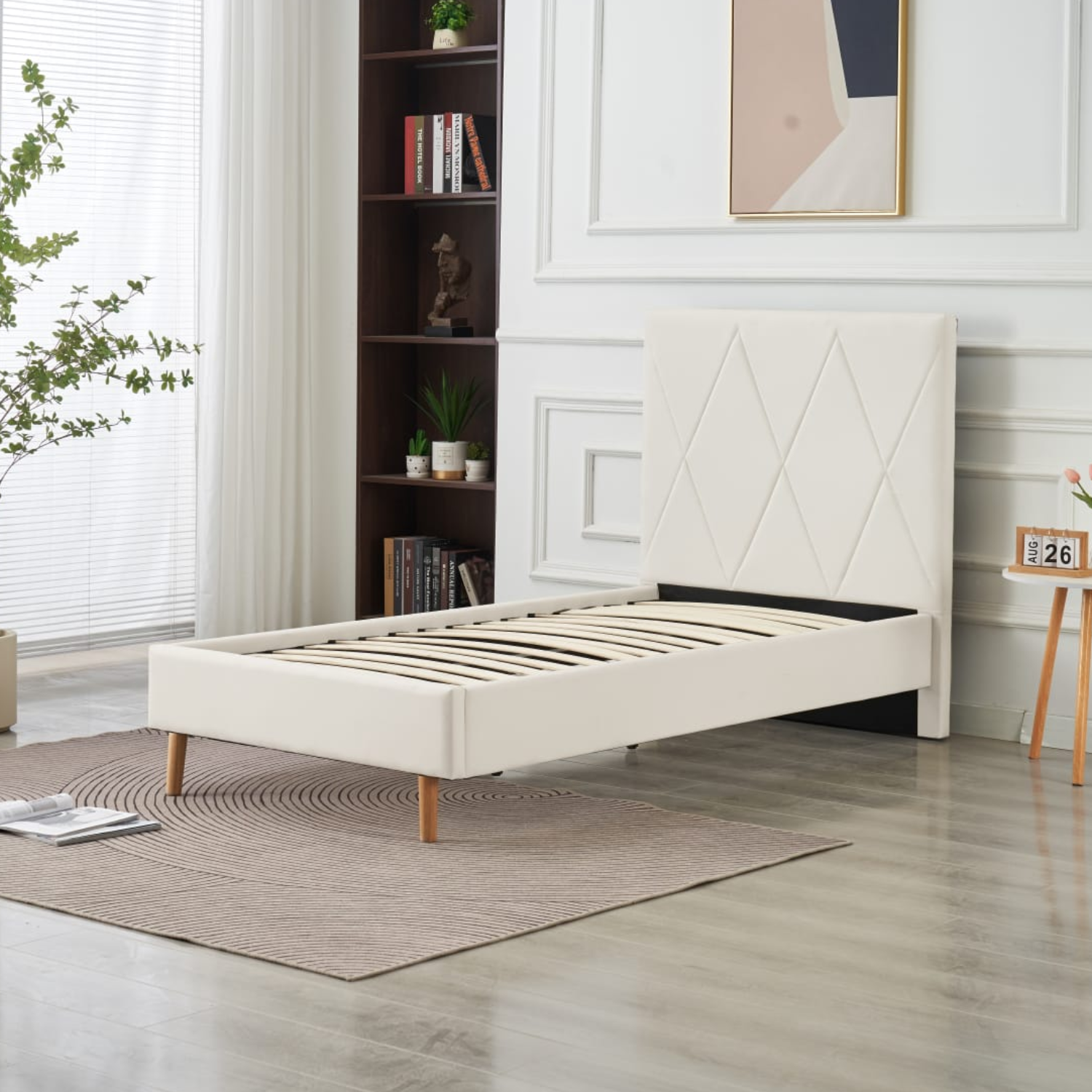 Lit Simple Pied Bois en Similicuir – Blanc, Beige, Noir, Gris – 90x190, 140x190, 160x200 cm