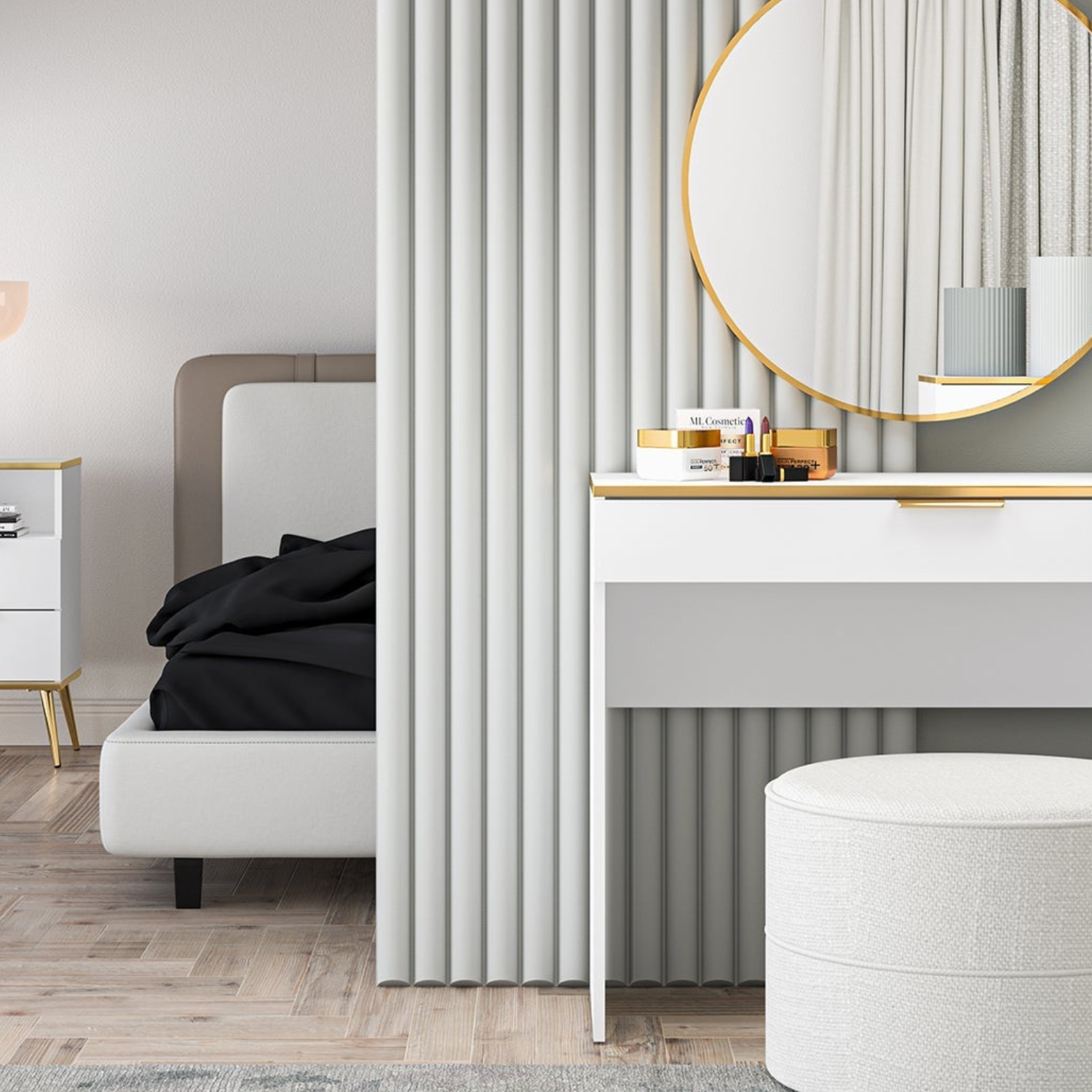 Coiffeuse en bois blanc laqué mat avec structure dorée avec rangement pratique