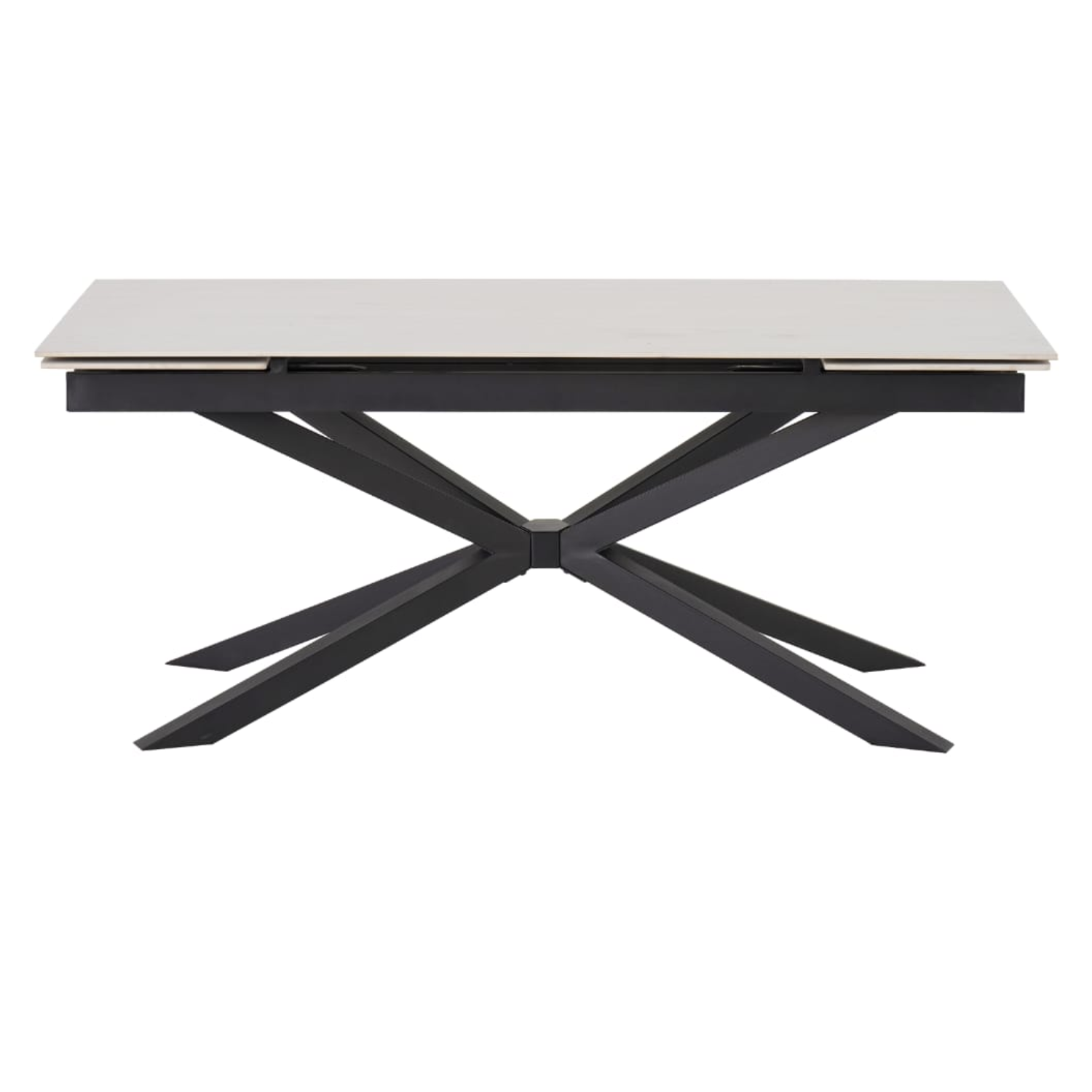 Table à manger extensible – Plateau céramique travertin mat ou blanc – Pied métal noir – 180/260x90x76 cm