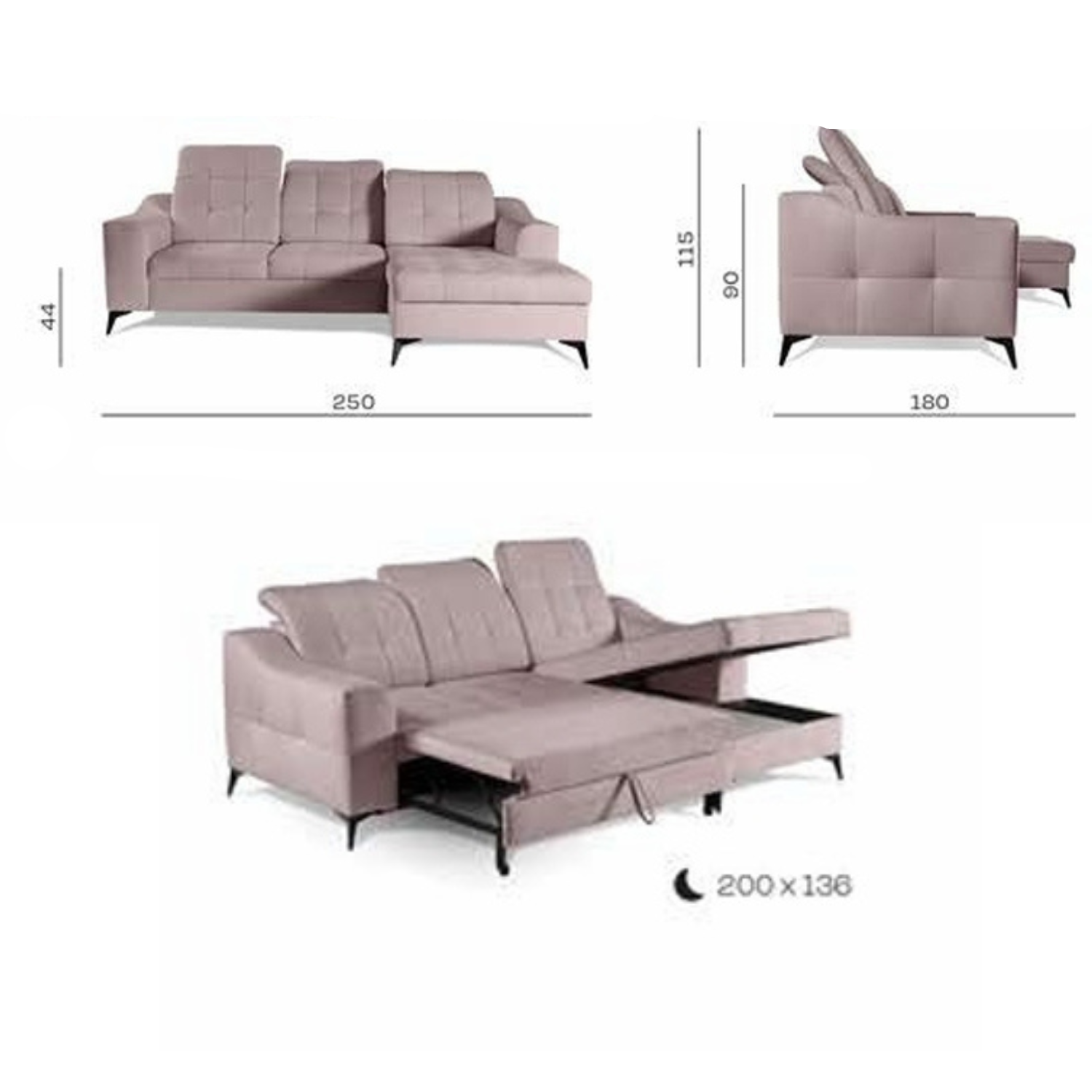Canapé d’angle convertible en tissu avec  appuis-tête réglables ,coffre et couchage 200x136 cm