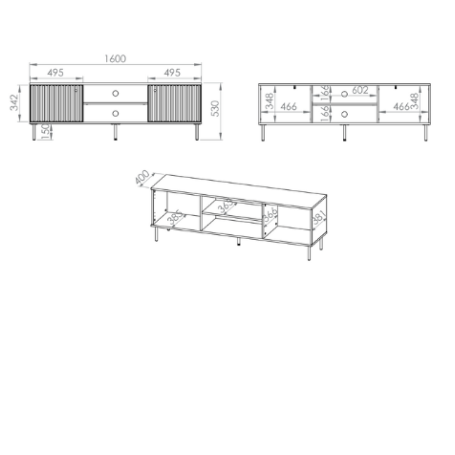 Meuble TV SOFINA 160 cm – Cachemire élégant – 2 niches fermées et étagères ouvertes