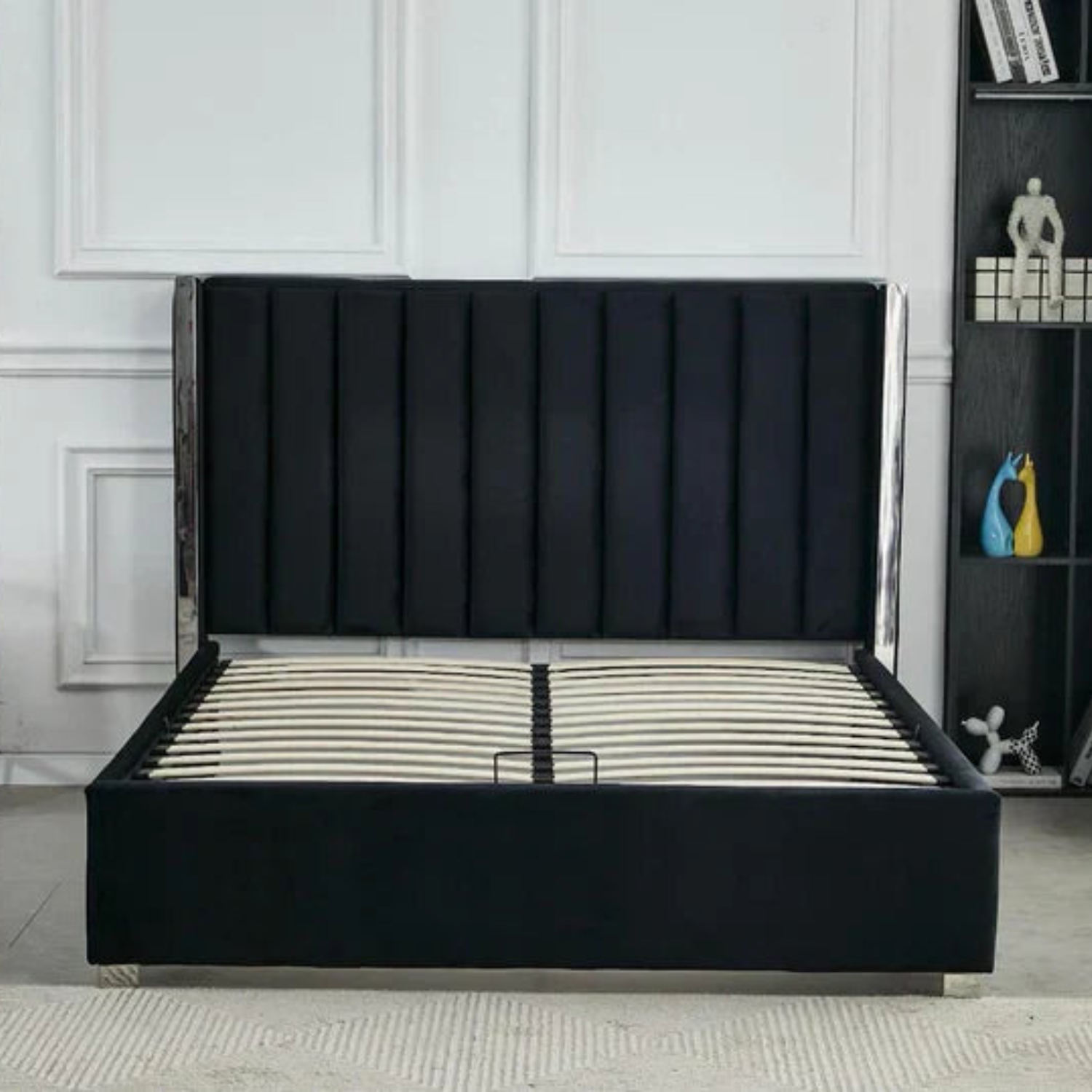 Lit Coffre avec Tête Capitonnée  avec Rangement  – Velours Taupe, Gris ou Noir – 140x200 / 160x200 cm